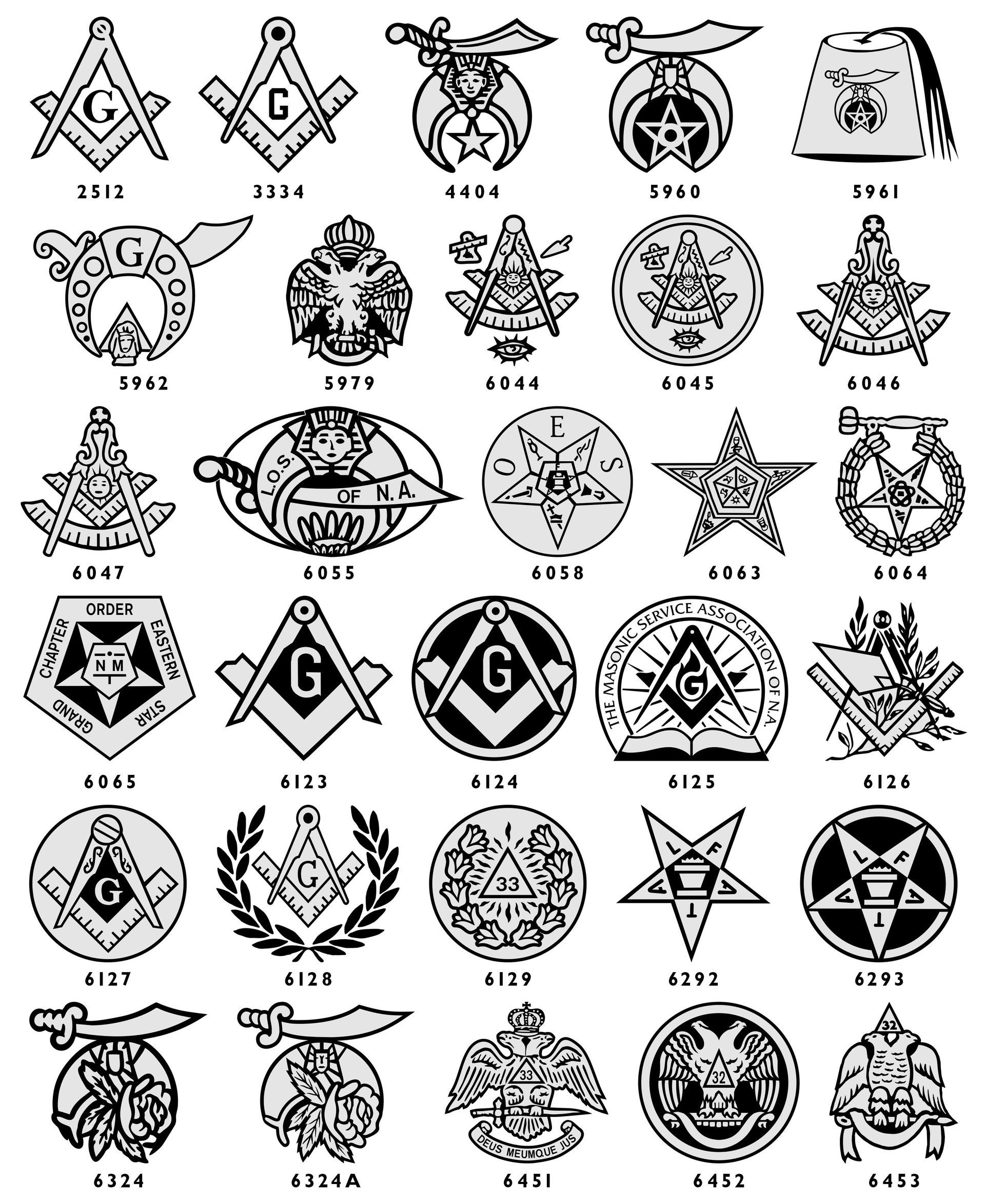 A grid of various military branch emblems, service symbols, and fraternal organization icons in black and white.