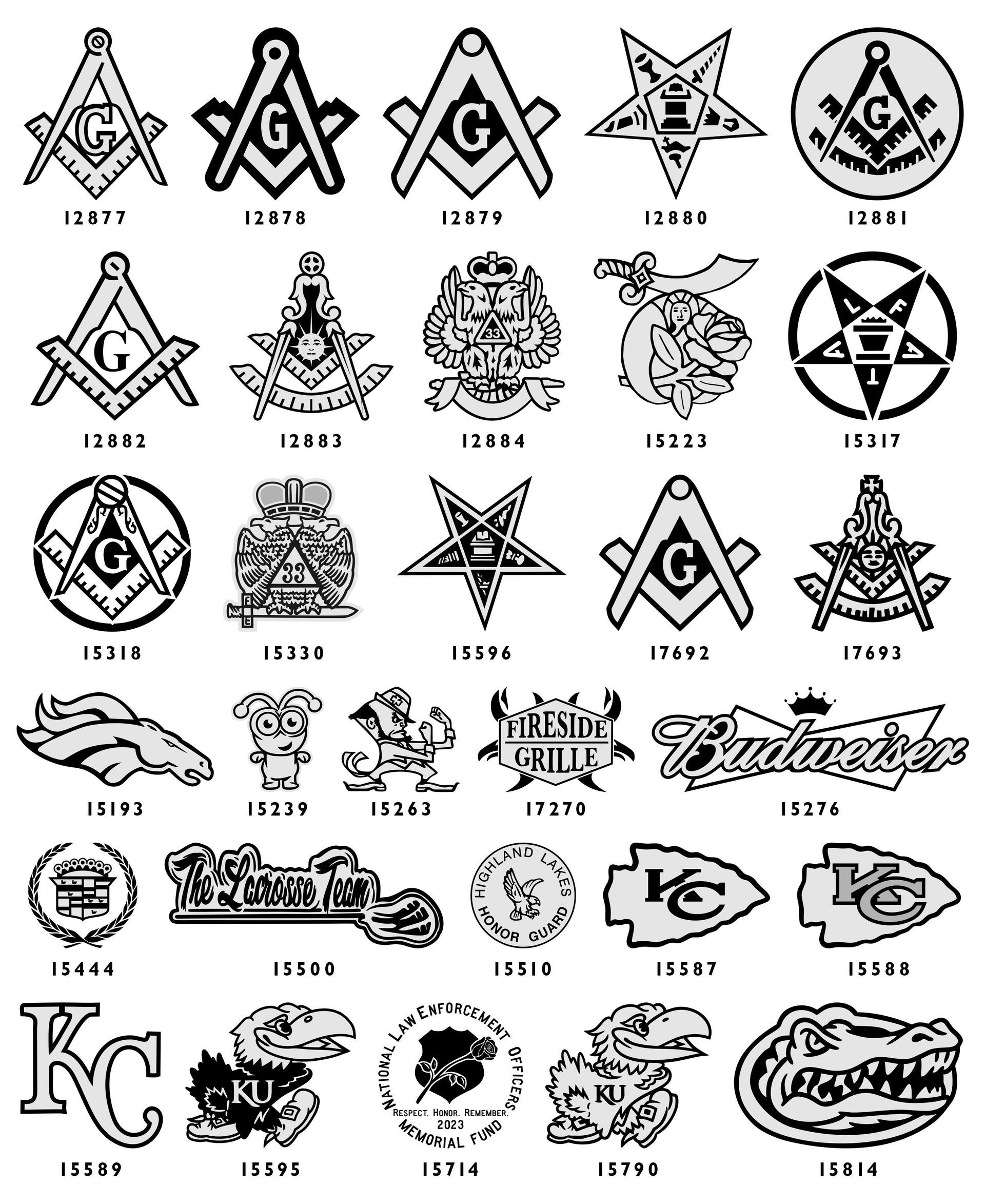 A grid of various black-and-white emblems, military insignias, and firefighter-related symbols with numerical labels.