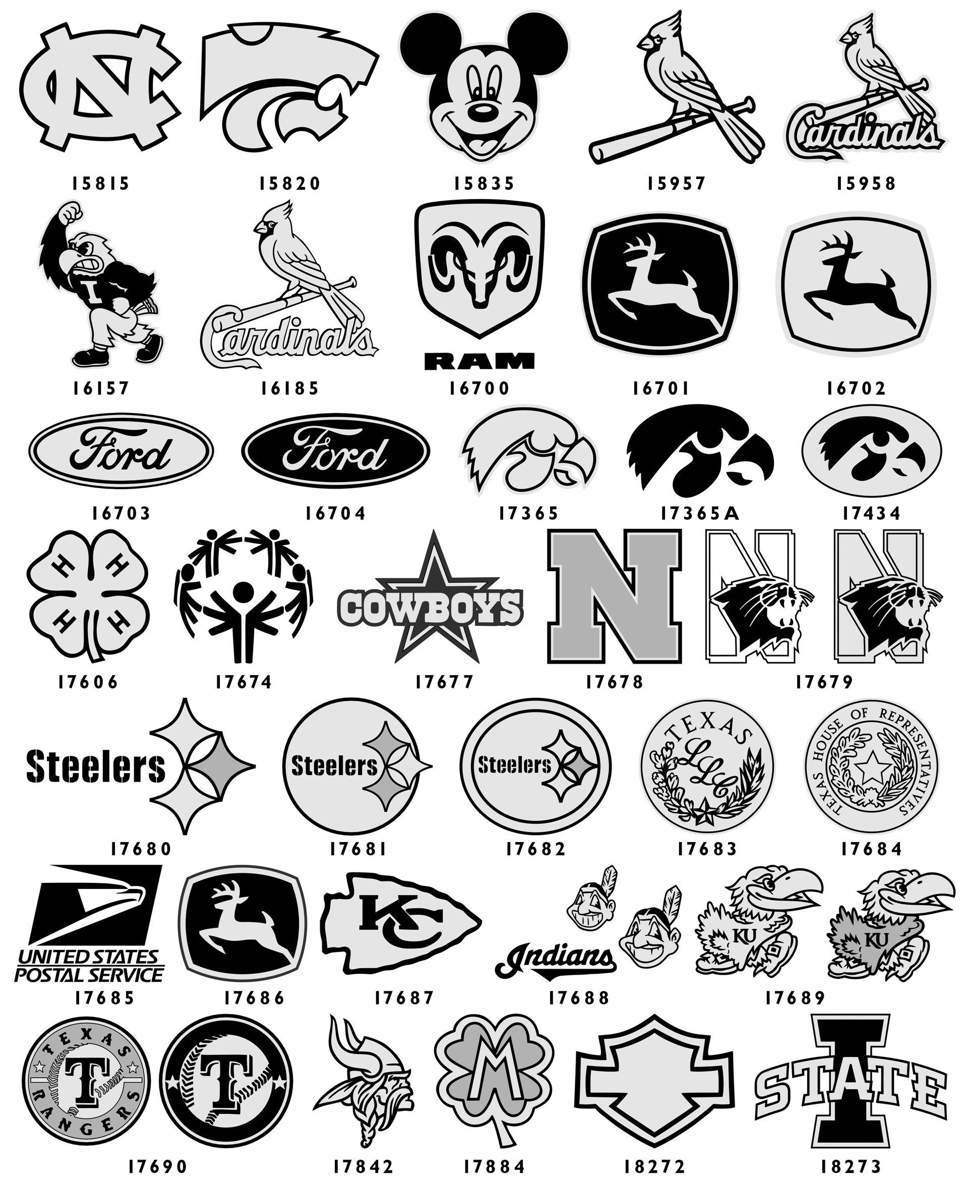 A collection of 20 black-and-white military and organization emblems arranged in a grid, each labeled with a code number.