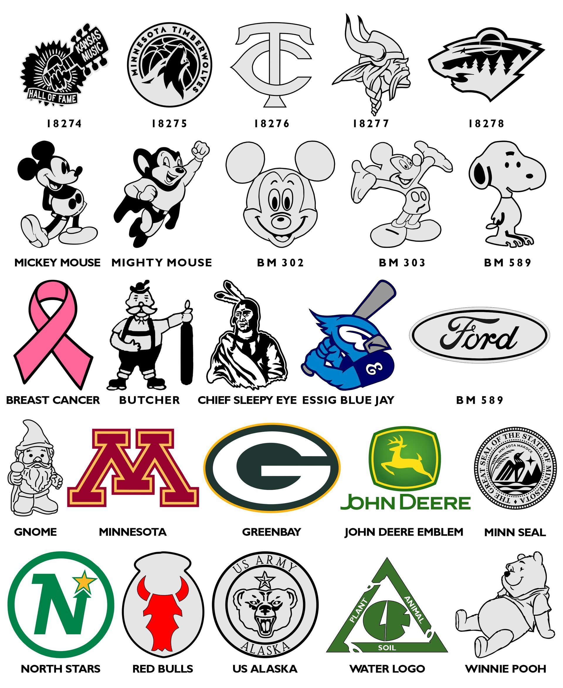 A grid of black-and-white emblems and logos, each labeled with a reference code, including military and fraternal symbols.