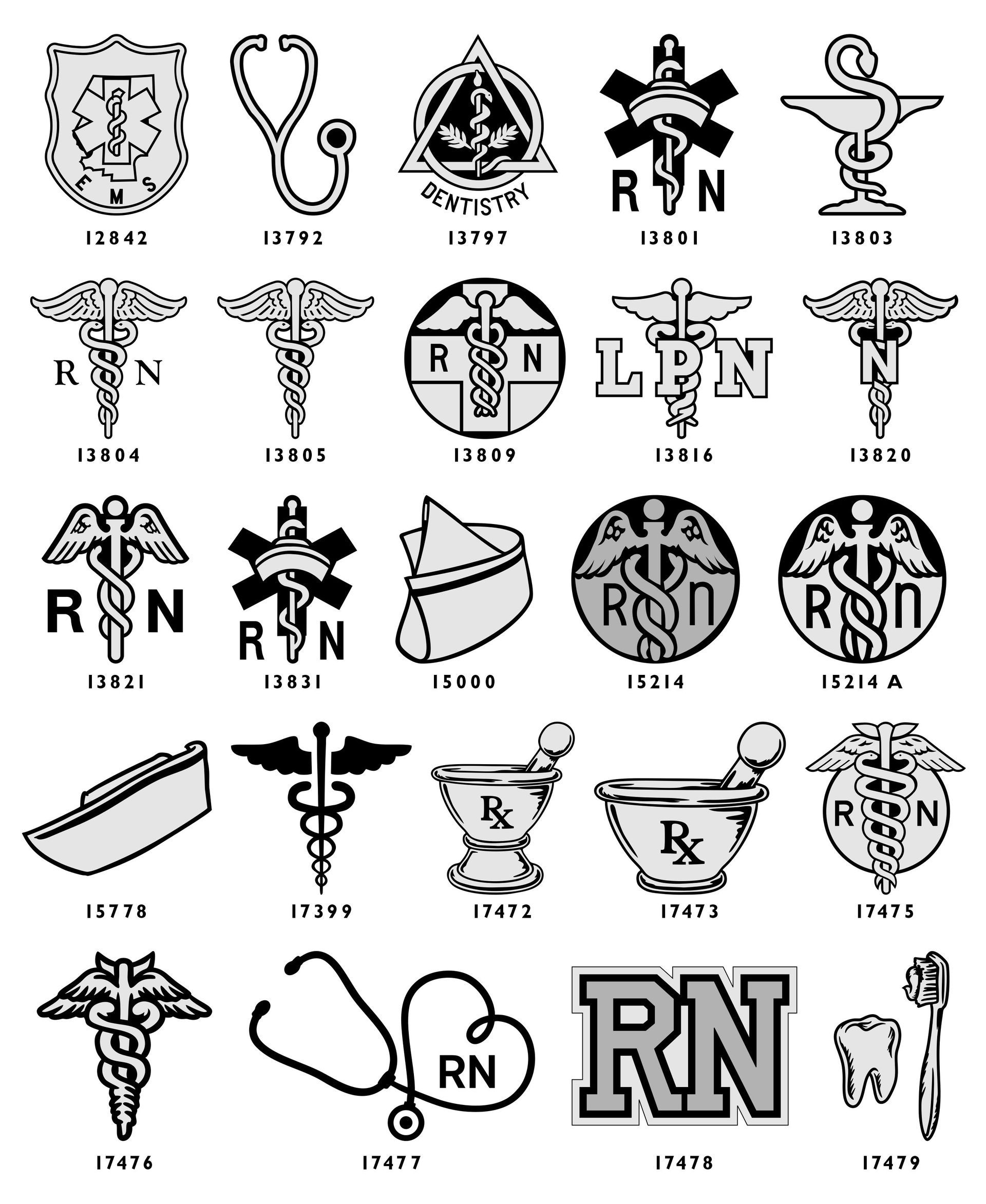 A grid of various black-and-white military, medical, and professional emblems and insignias.