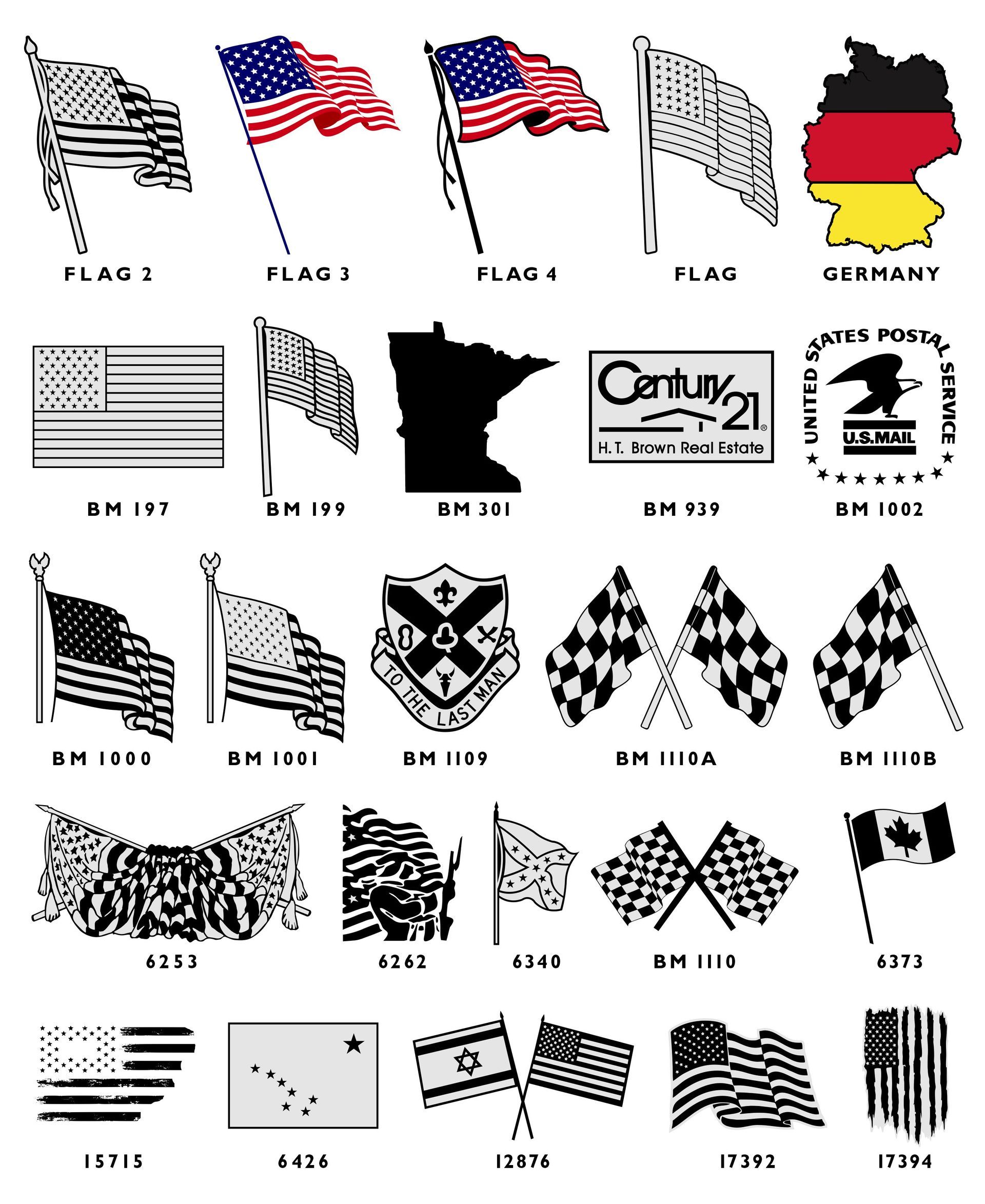 A grid of twenty black-and-white emblems and insignias, each labeled with a reference number.