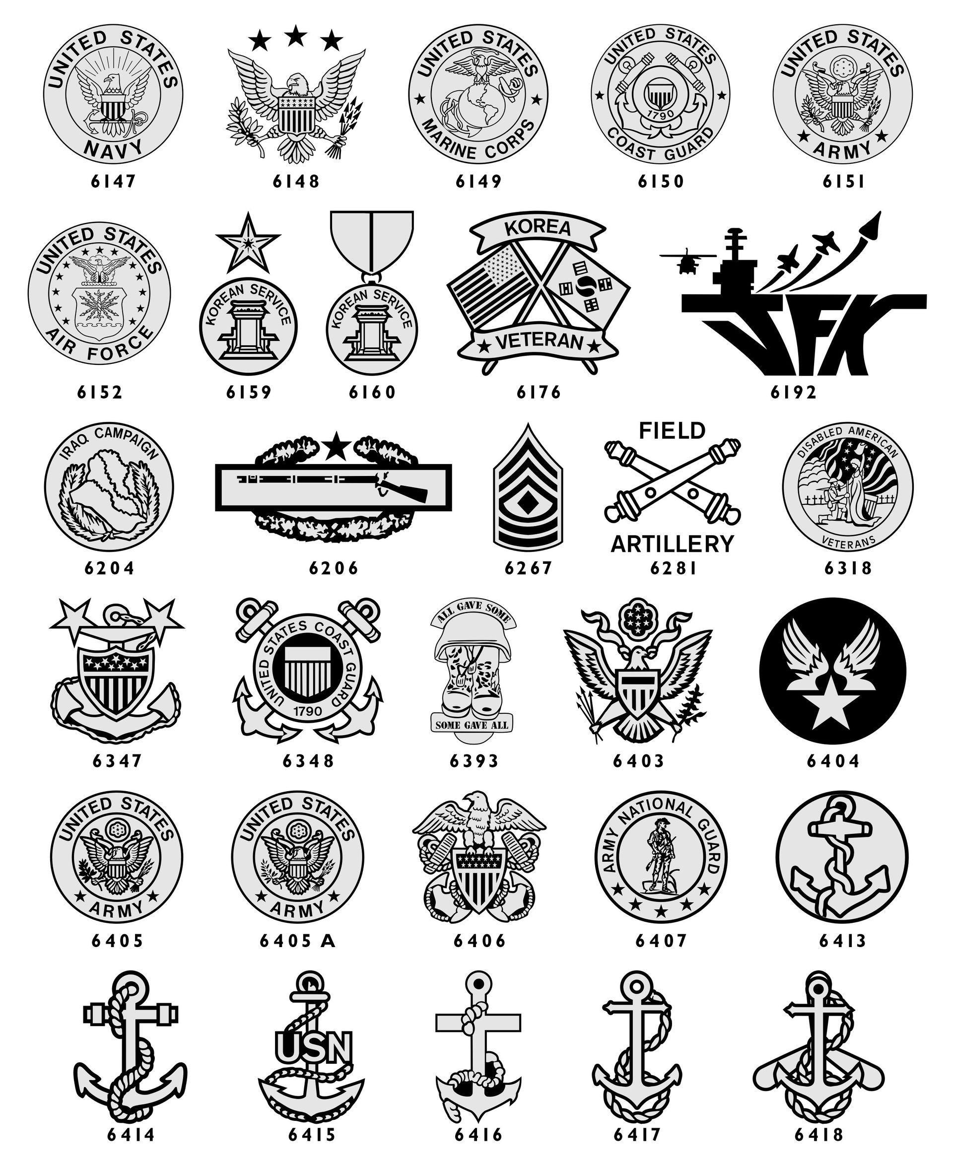 A grid of various black-and-white military insignias, emblems, and symbols, each with a numerical identification label.