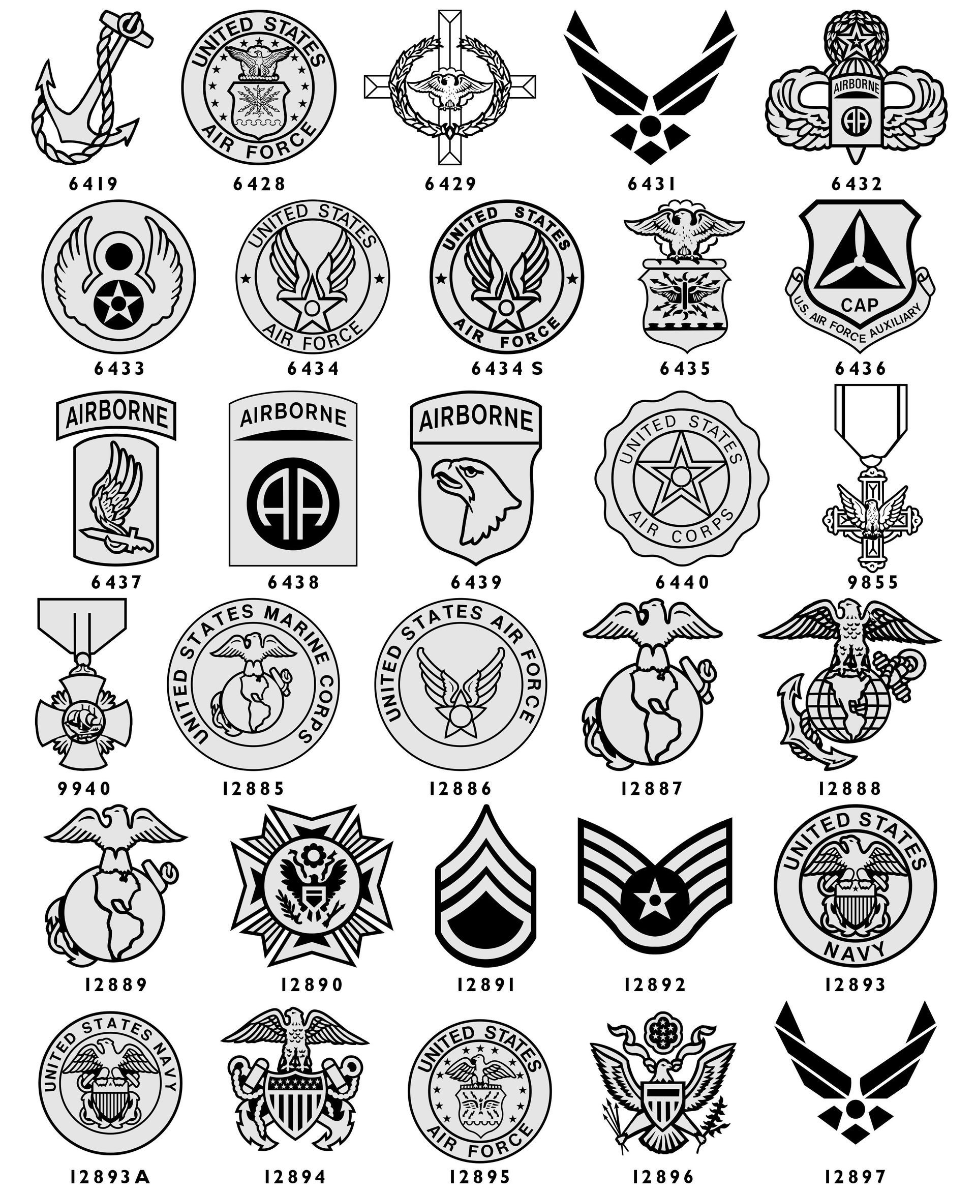 A grid of black-and-white military, nursing, and organizational emblems, including insignias, badges, and seals.
