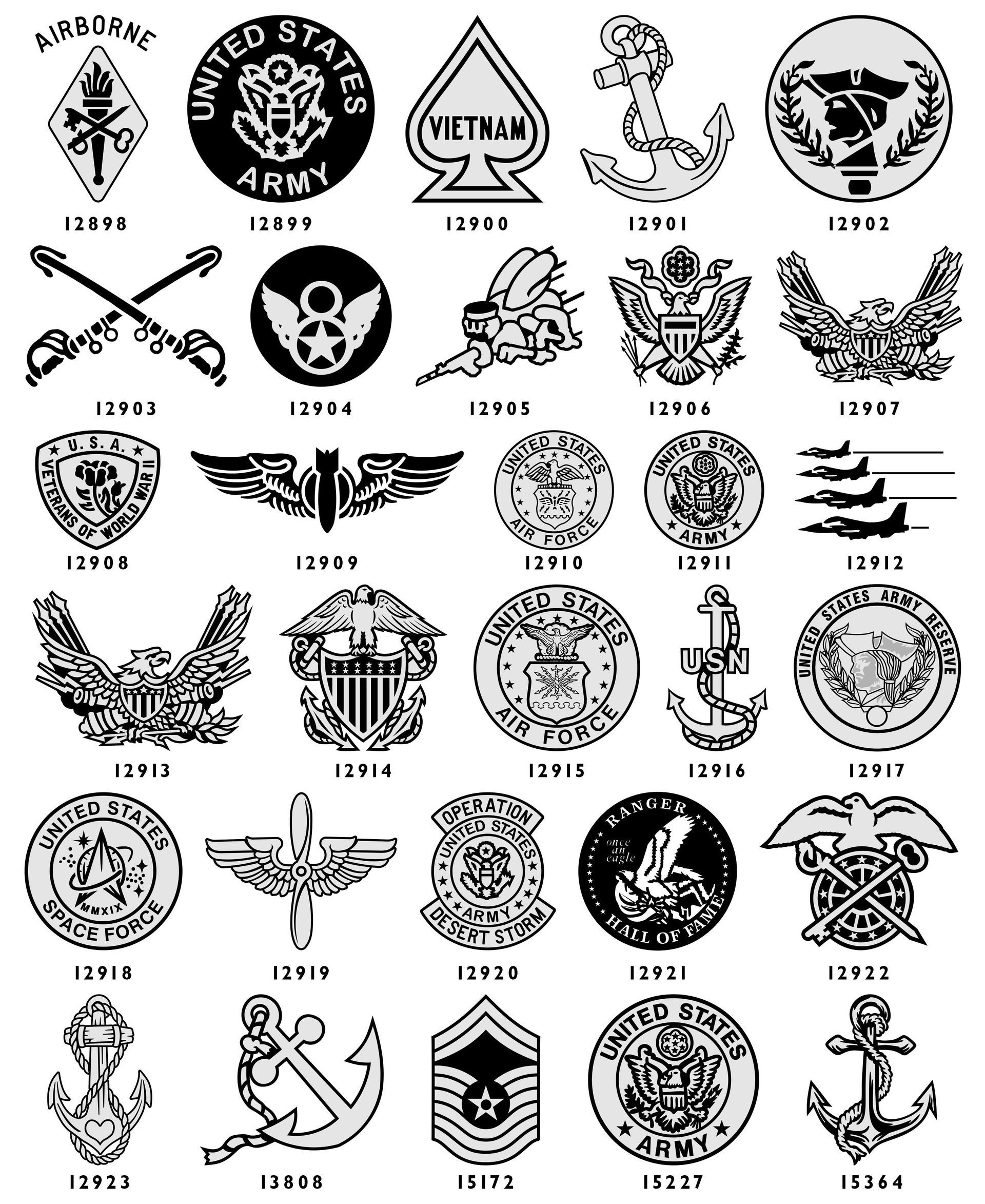 A grid of 20 black-and-white circular and emblem-style logos, seals, and symbols labeled with codes like BR 941 to BR 963.