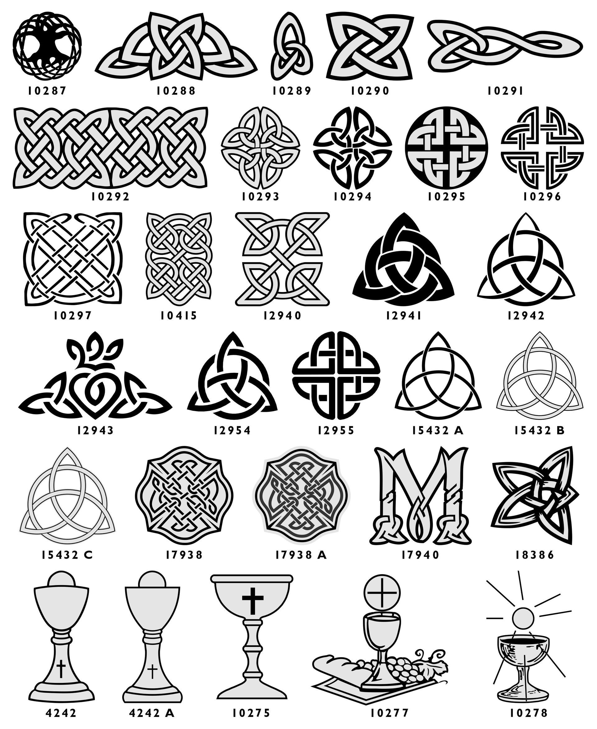 A catalog grid showing black-and-white religious icons, including Celtic knots, chalices, and various saintly figures.