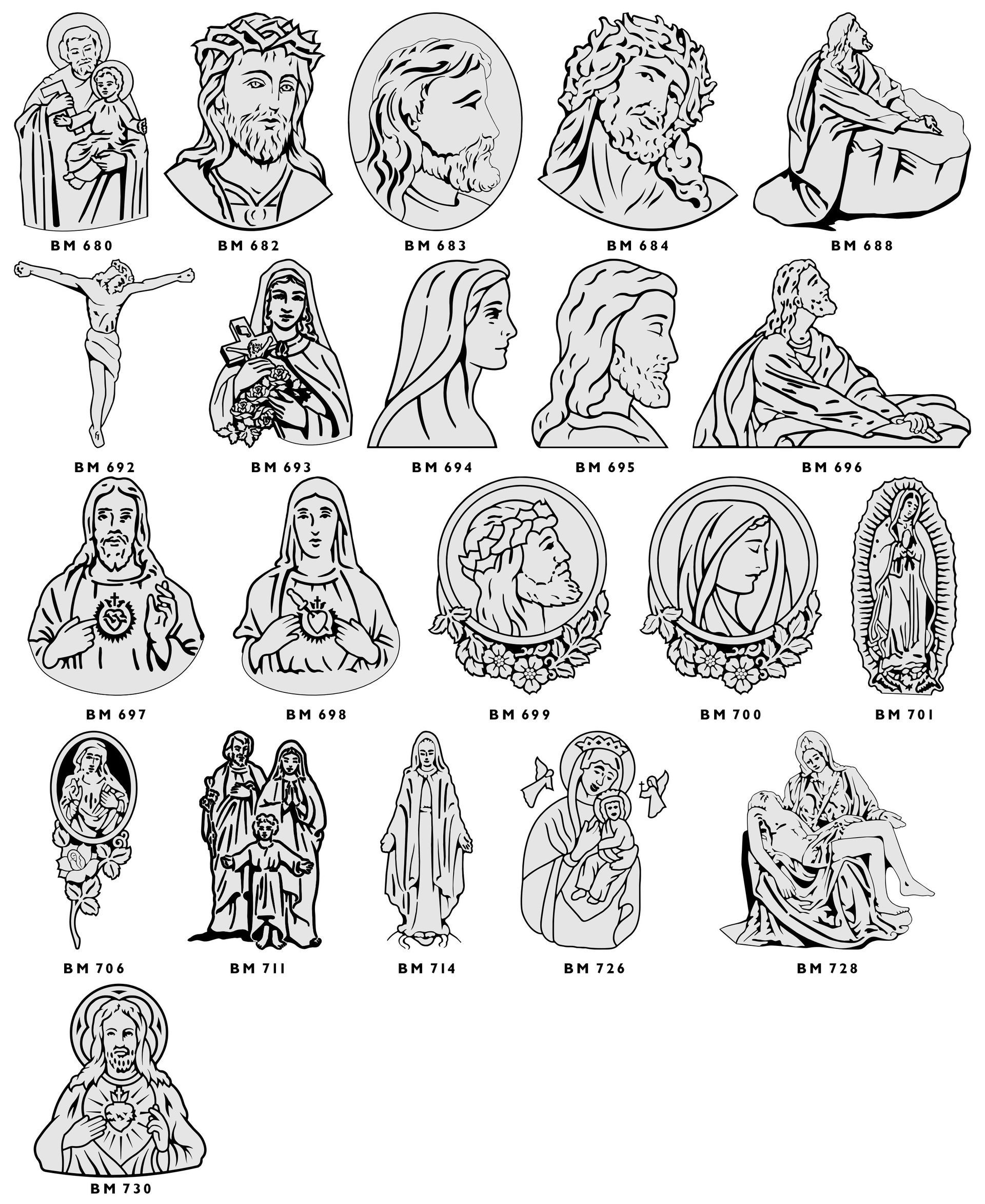 A grid of twenty religious line-art illustrations of figures, each labeled with a reference code.