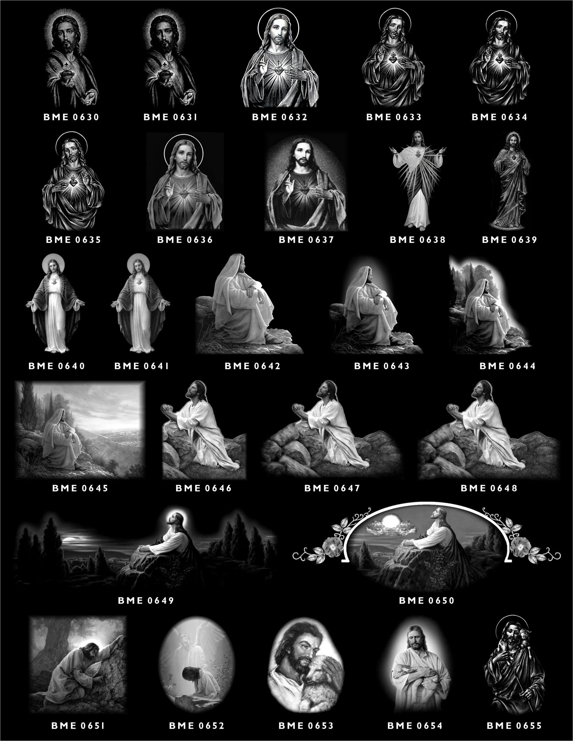 A grid of various black-and-white religious art illustrations featuring scenes of Jesus, including busts and prayer scenes.
