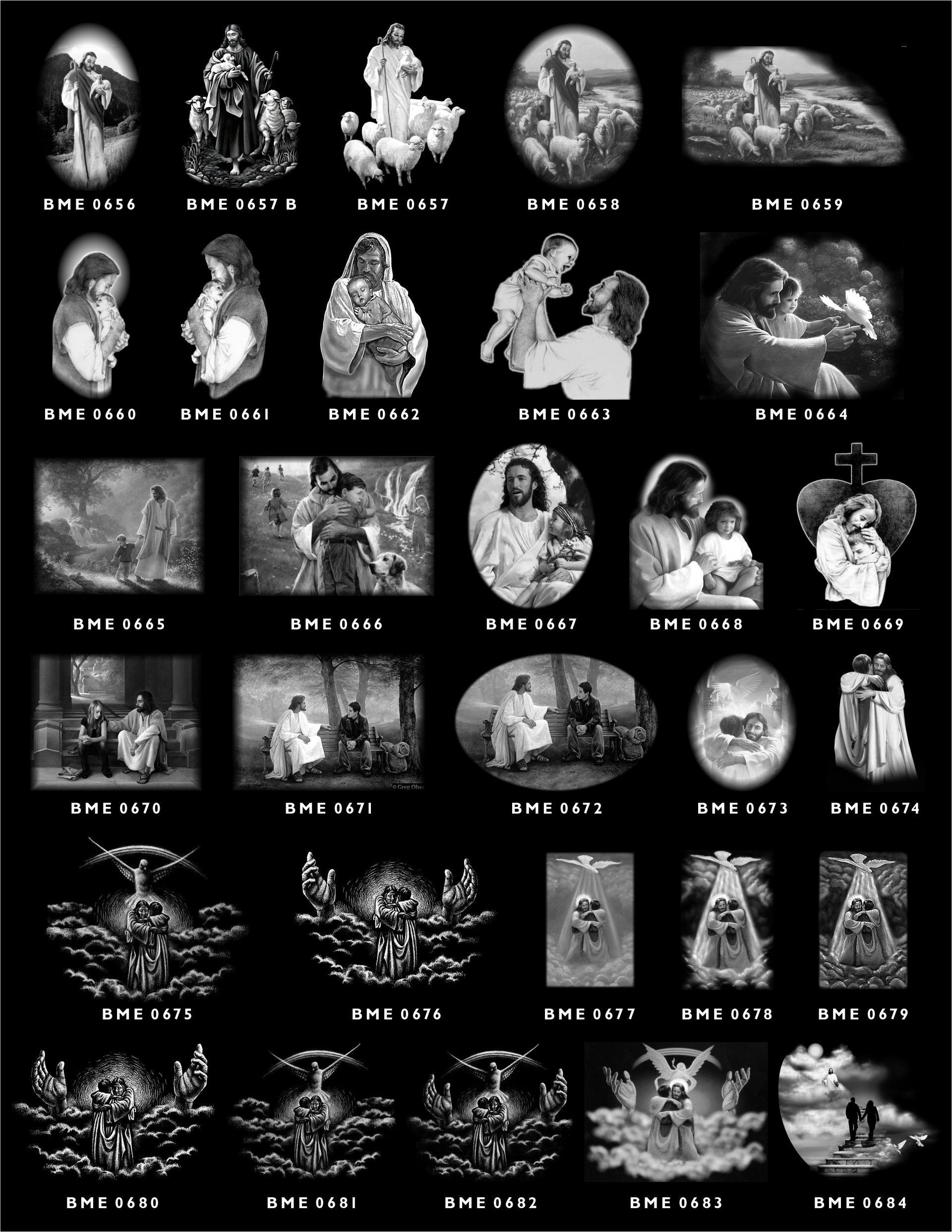 A grid of small, monochrome religious images depicting scenes of Jesus, saints, and divine figures, each with a code.