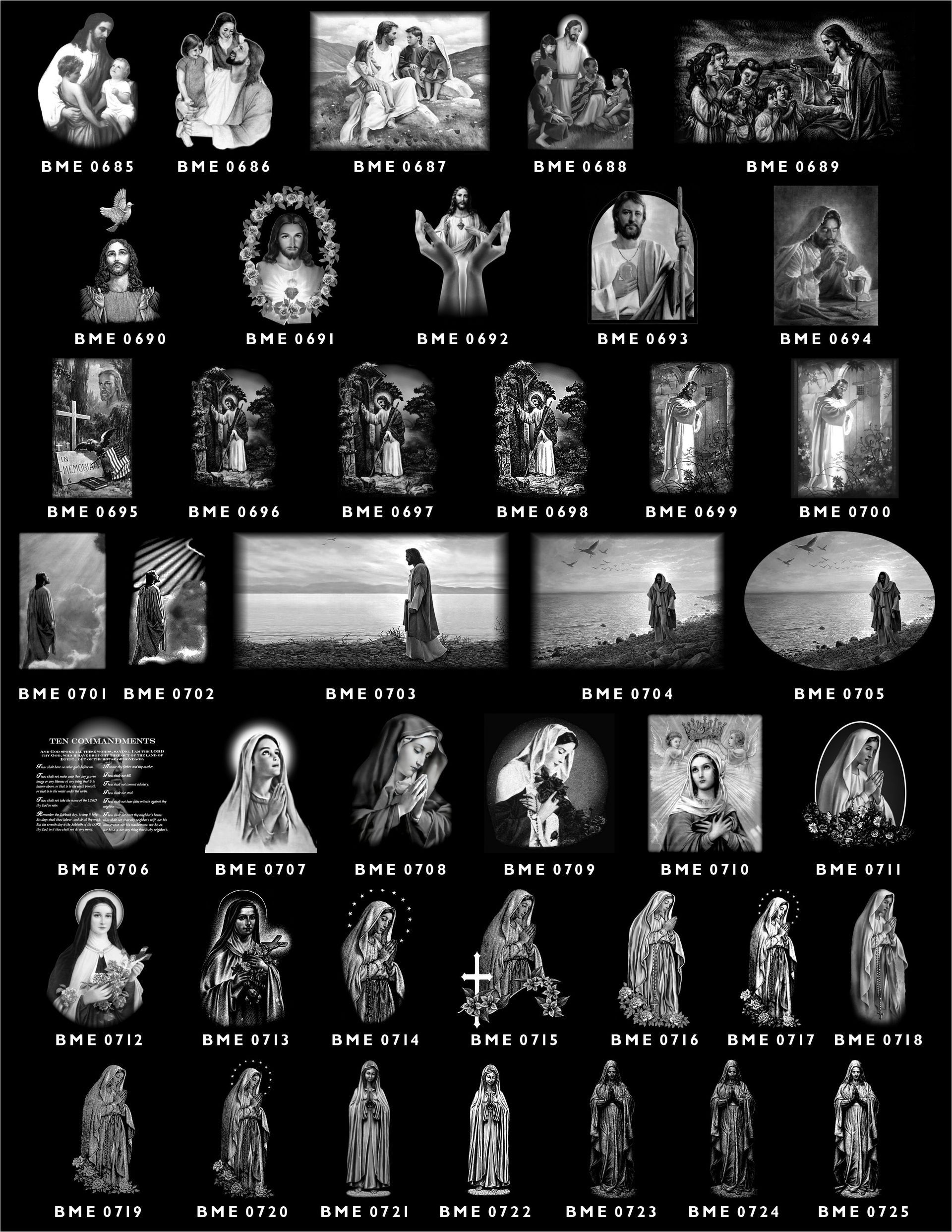 A catalog of religious images featuring various depictions of figures and scenes, organized in a grid with identifying codes.