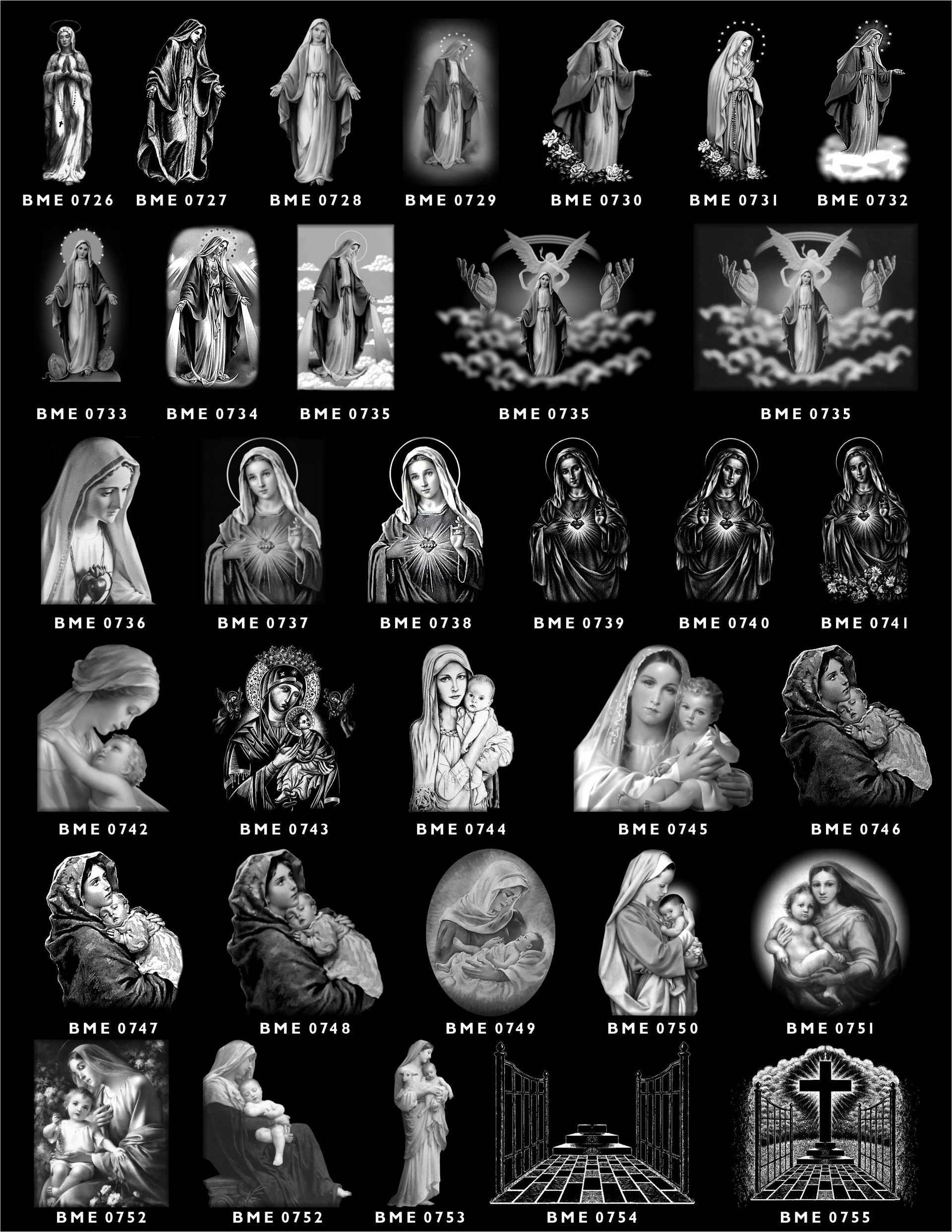 A catalog of black-and-white religious engravings, featuring various depictions of the Virgin Mary, saints, and crosses.