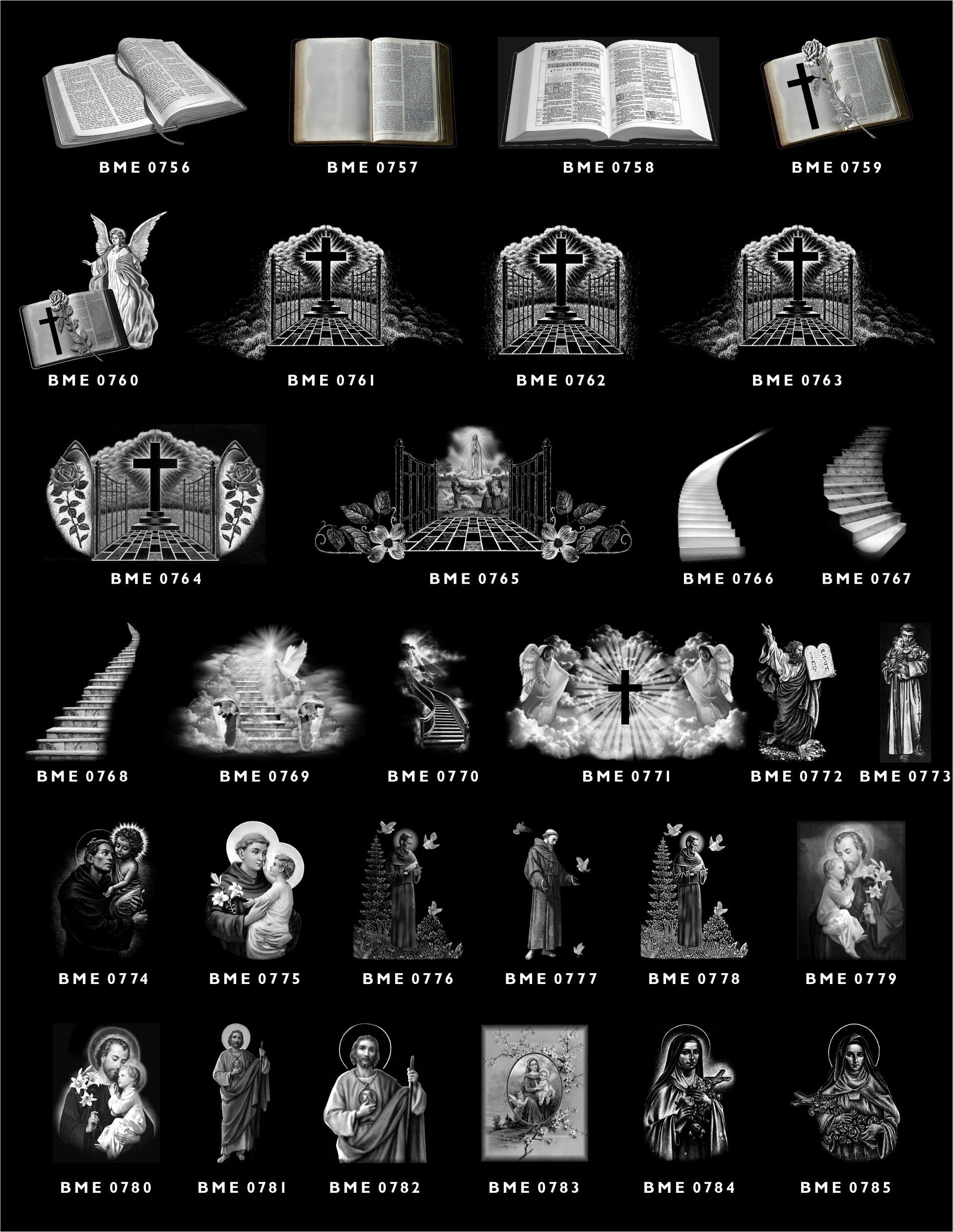 A grid of 36 black-and-white etchings featuring Bibles, crosses, religious figures, and scenes for monument engraving.