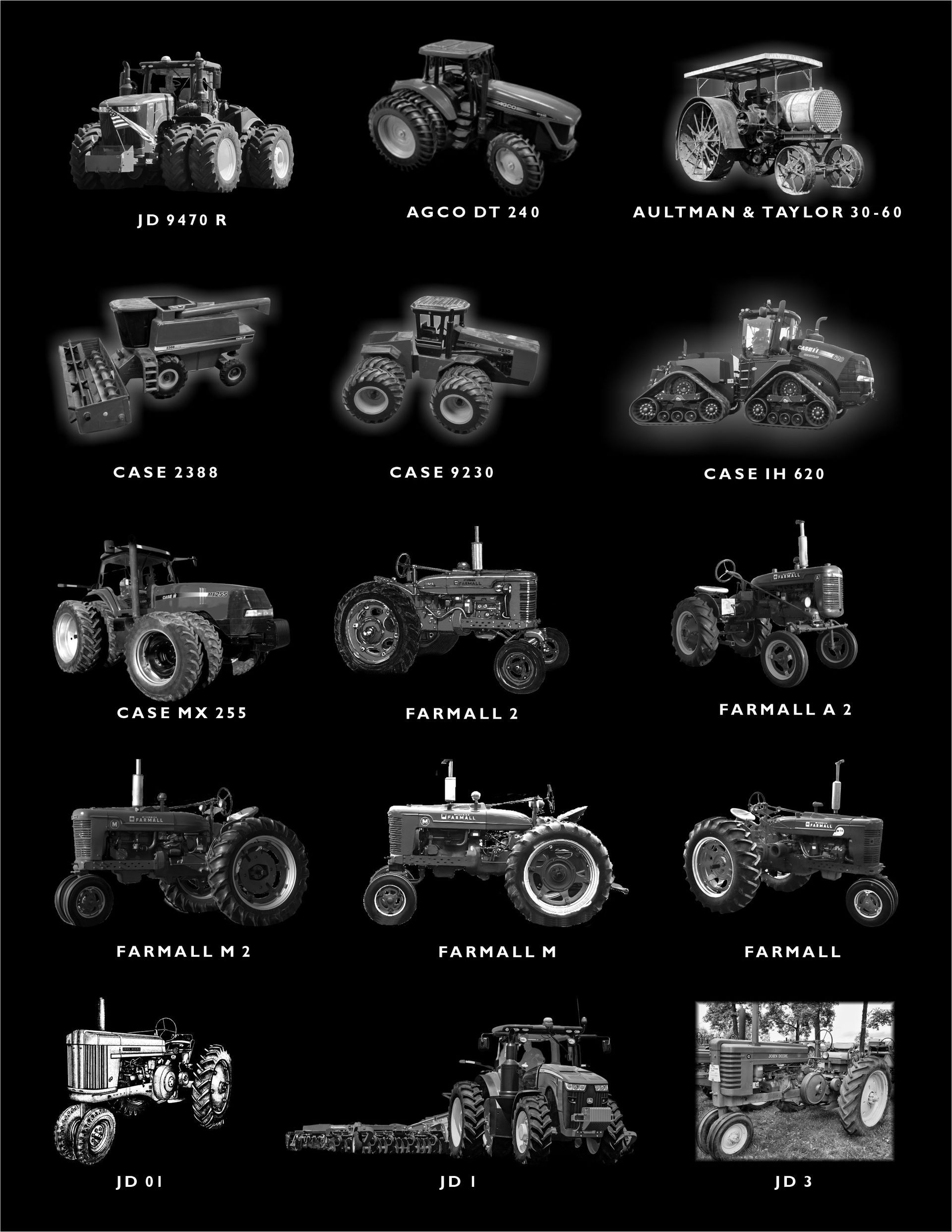 A grid of 14 various farm tractors arranged in five rows on a black background, featuring both modern and vintage models.