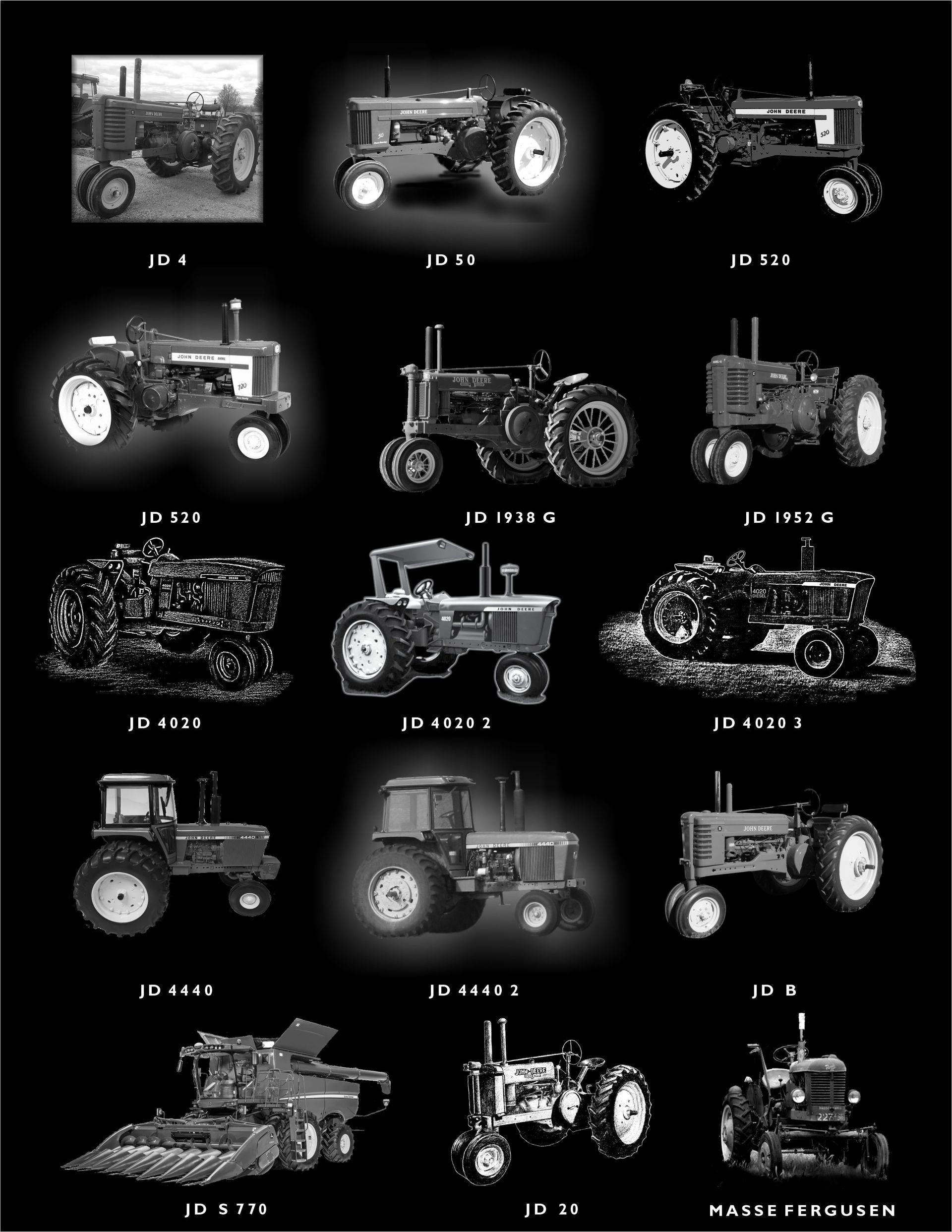 A collage of 14 various John Deere and Massey Ferguson tractor and agricultural machine models on a black background.
