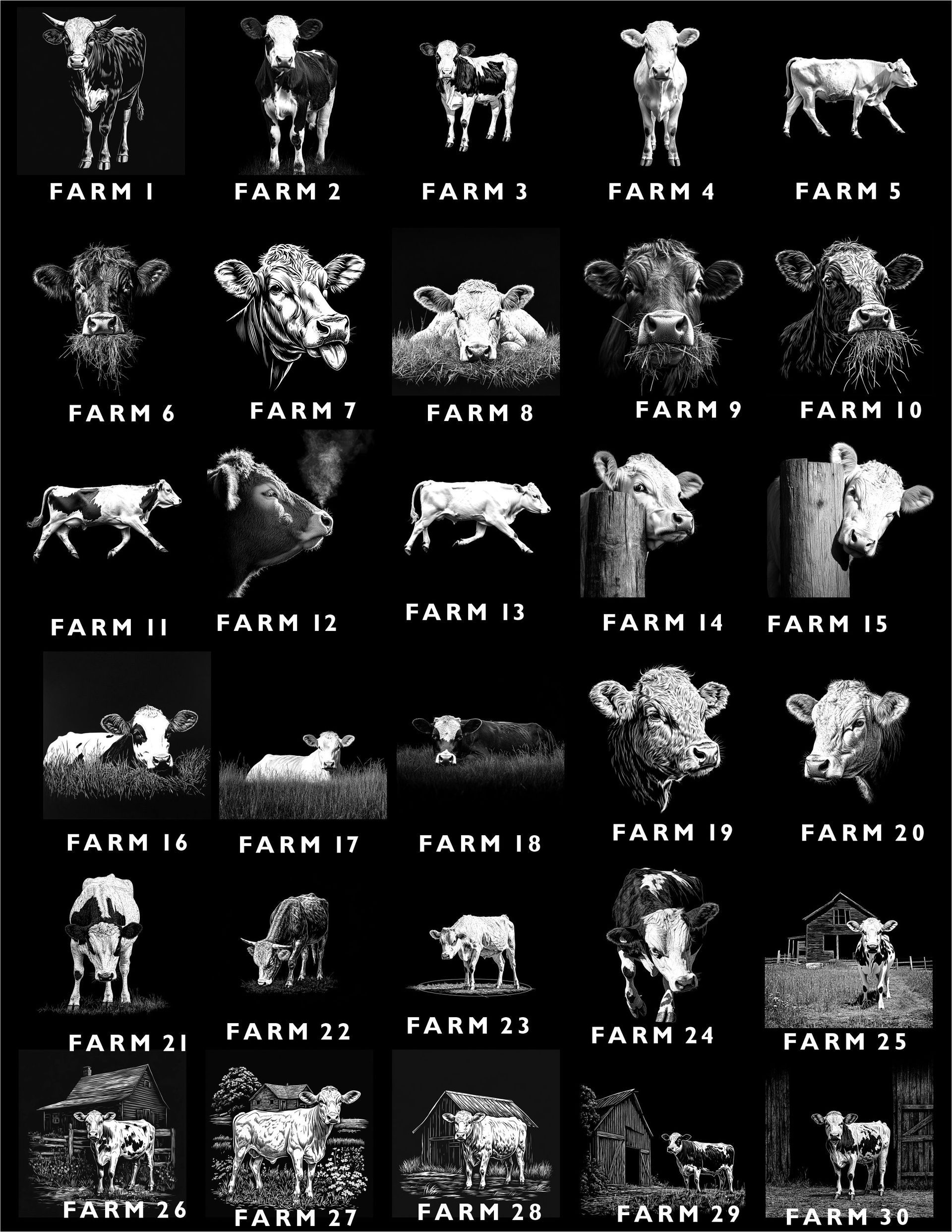 A grid of 30 stylized, monochrome sketches of cows in various poses, each labeled with a farm number.