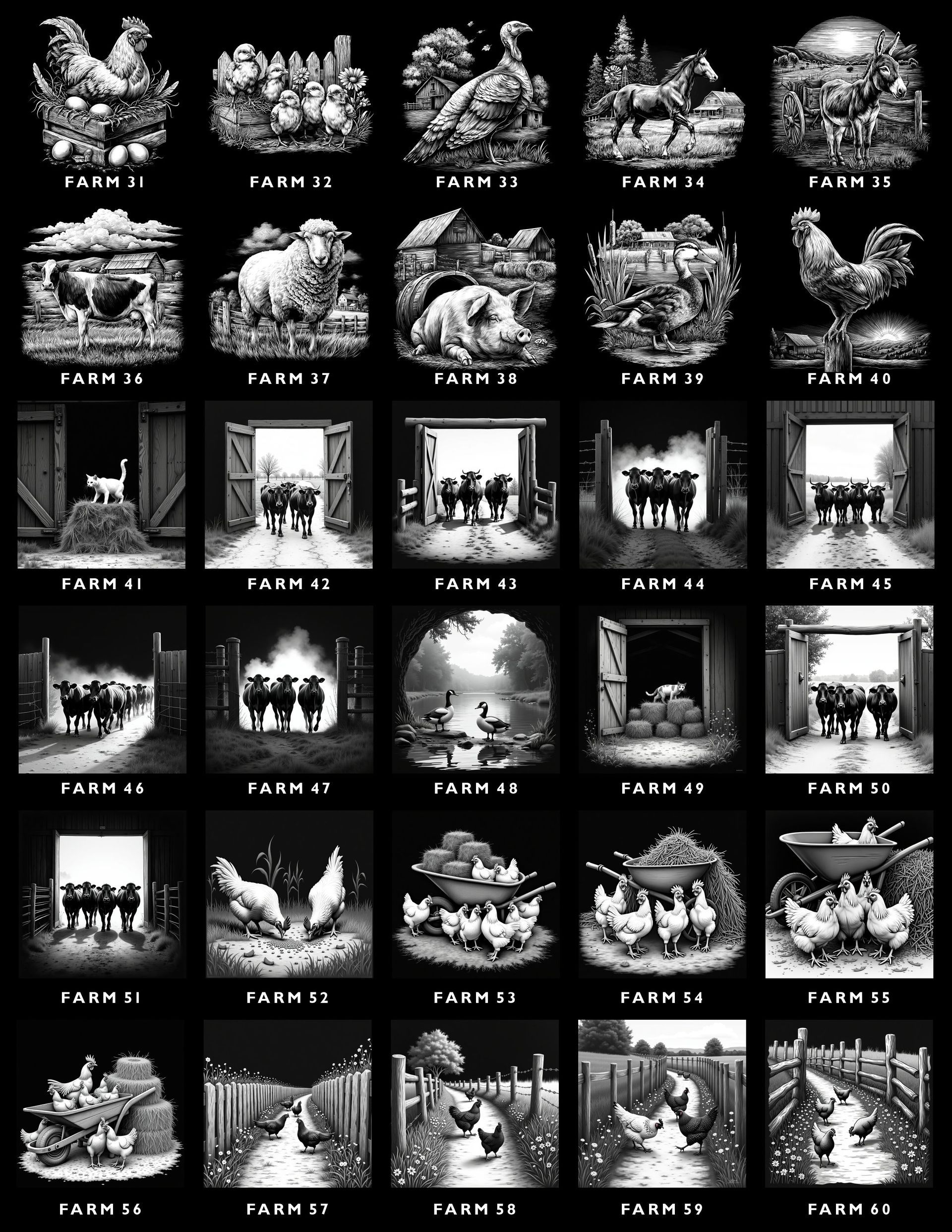 A grid of 30 black-and-white images depicting farm scenes, including various animals, barns, and rural landscapes.