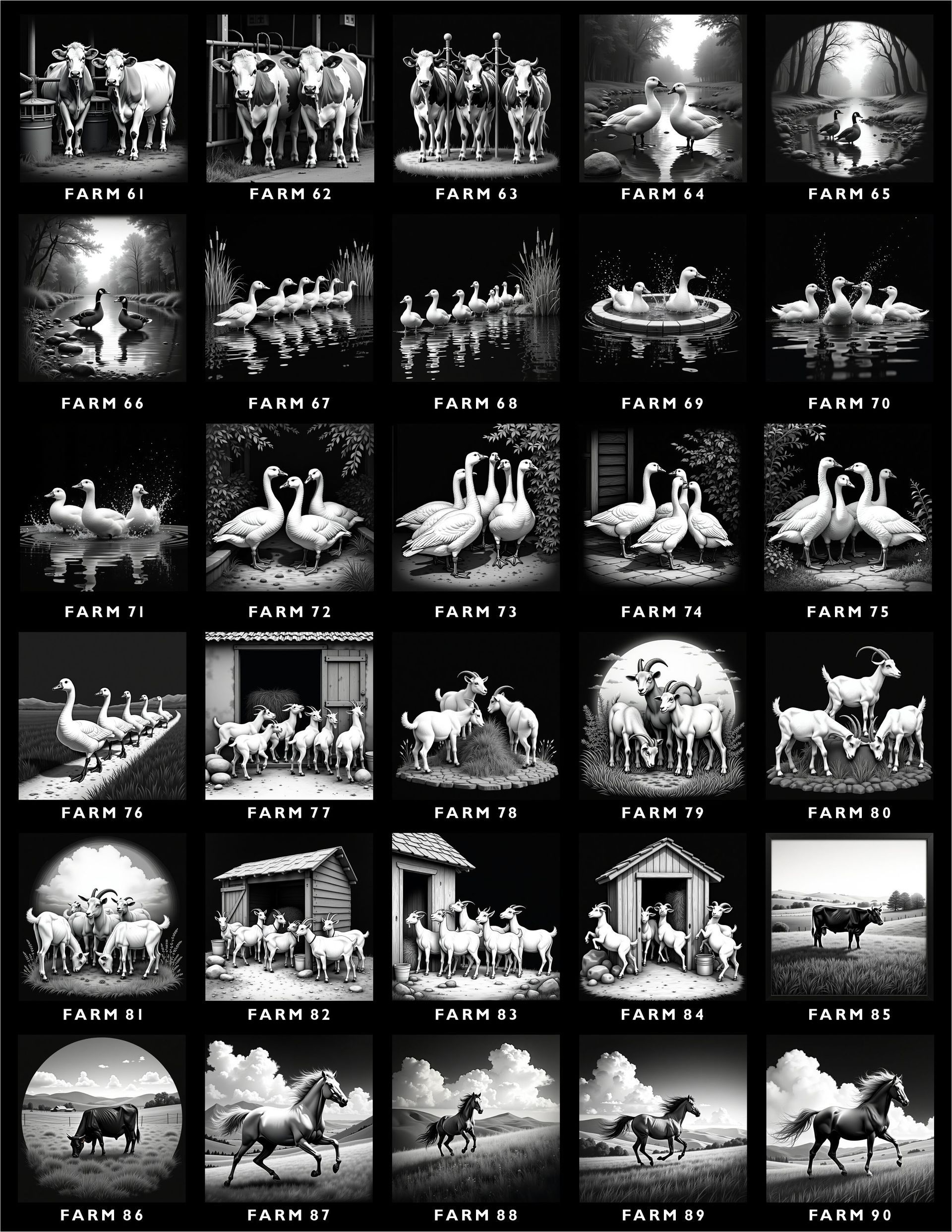A grid of 30 black-and-white panels, each featuring farm animals like cows, geese, goats, and horses with labels.