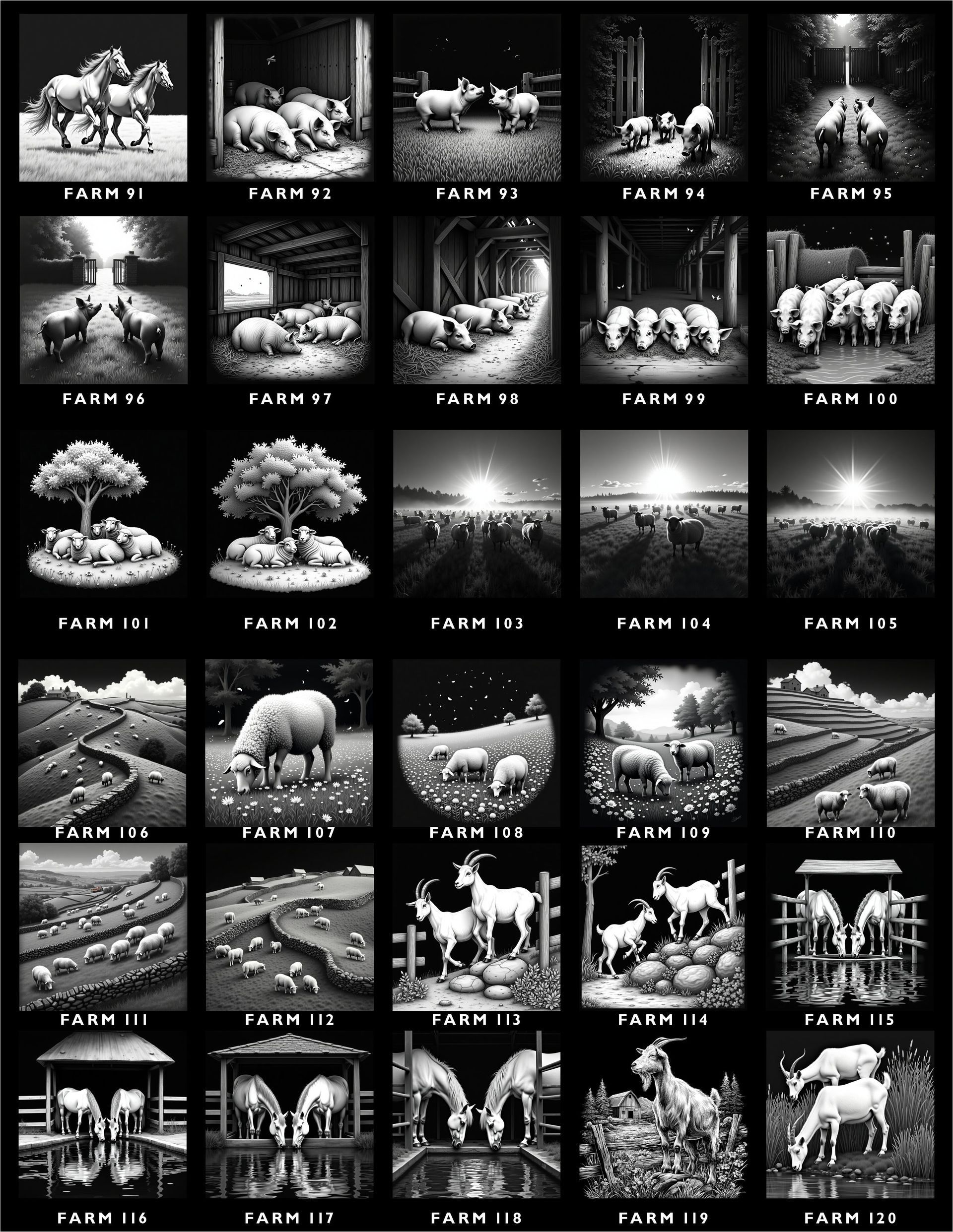 A grid of 30 monochrome images depicting farm animals, including horses, pigs, sheep, and goats, labeled with identifiers.