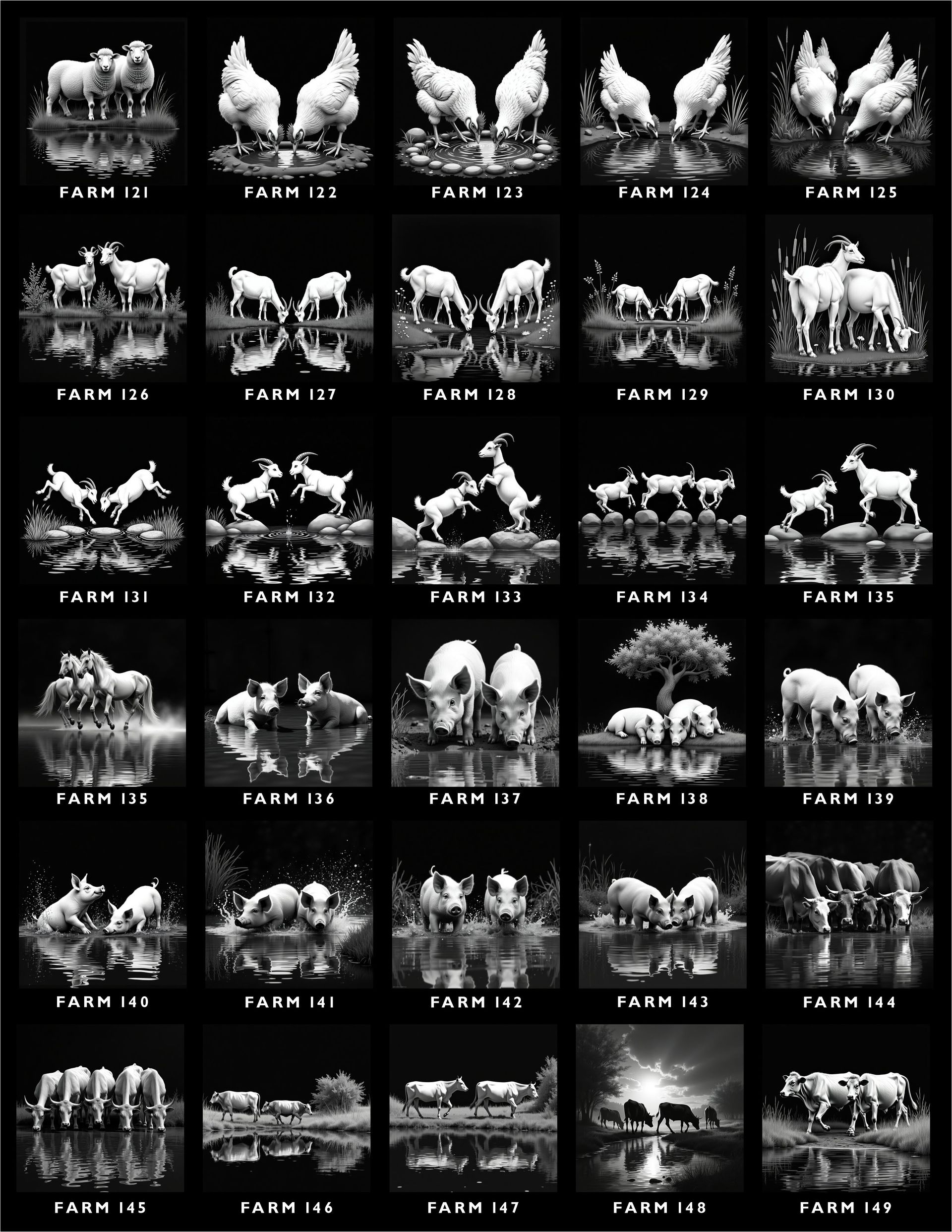 A grid of 30 monochrome images featuring various farm animals, each with a corresponding reference code below it.
