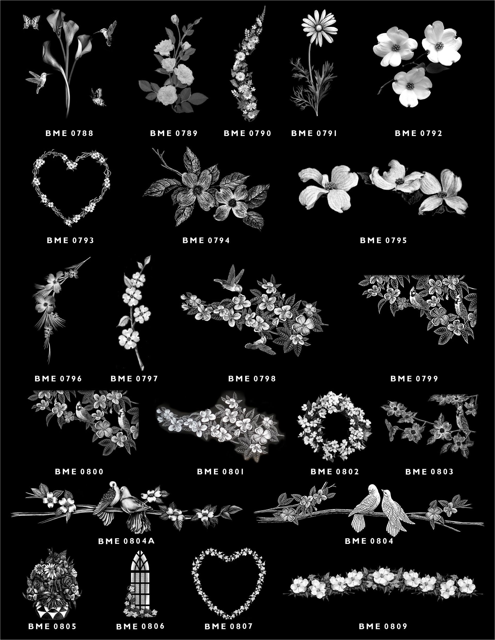 A collection of white, intricate floral and decorative design elements arranged in a grid against a black background.