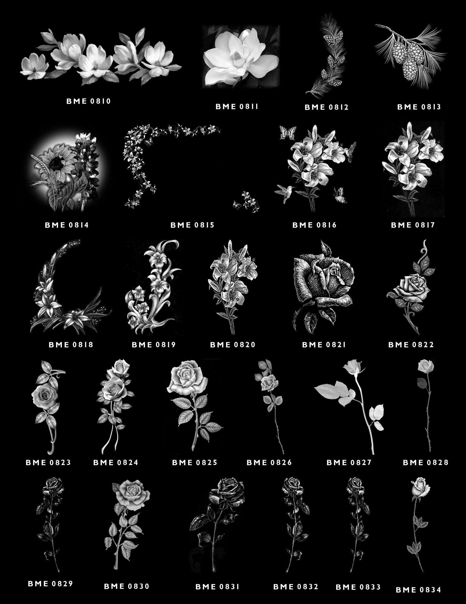 A catalog grid of white, floral-themed engravings on a black background, likely for memorial monuments or headstones.