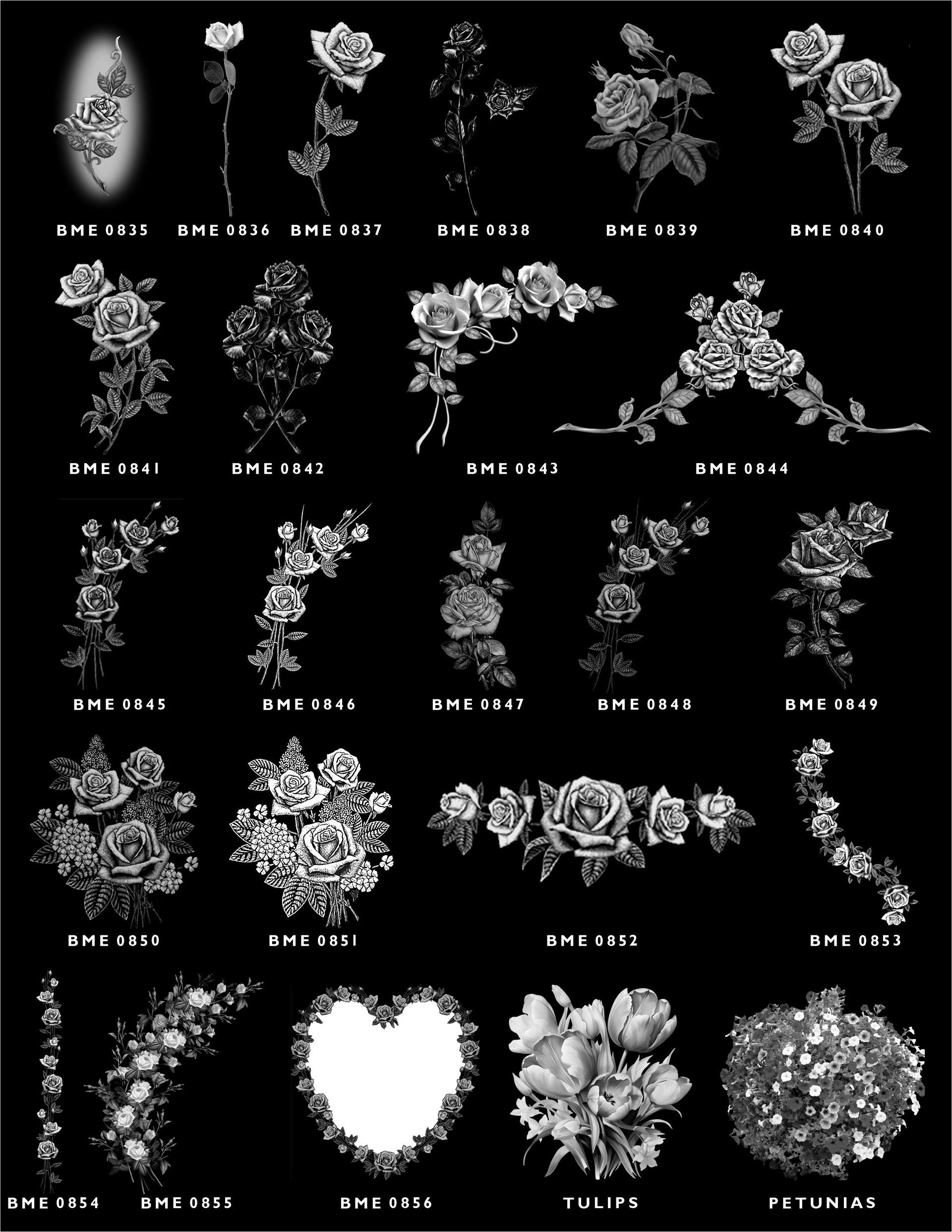 A grid of monochrome rose and floral designs for engraving or art, with each item labeled with a code.