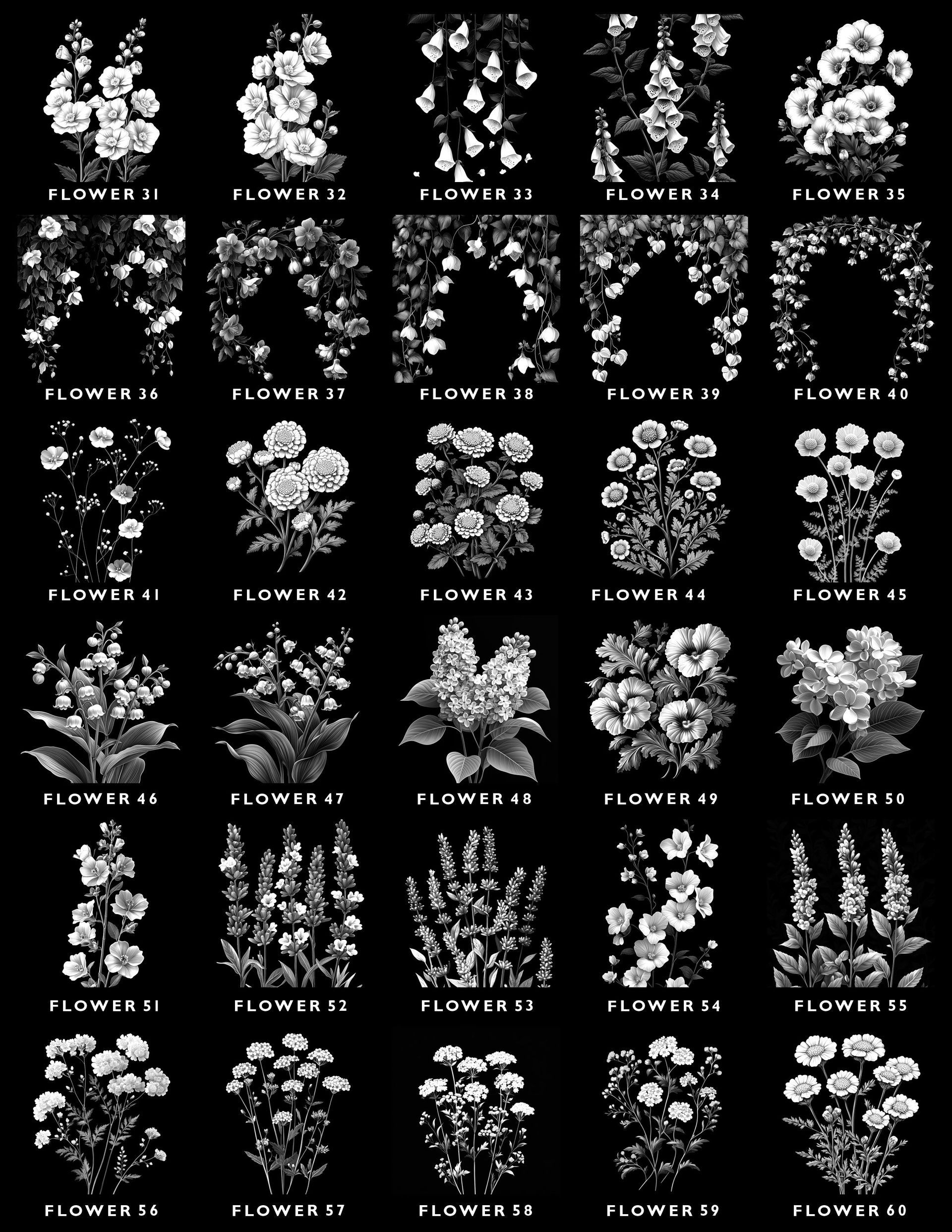 A grid of 30 monochrome botanical illustrations of various flowers and floral arrangements on a black background.