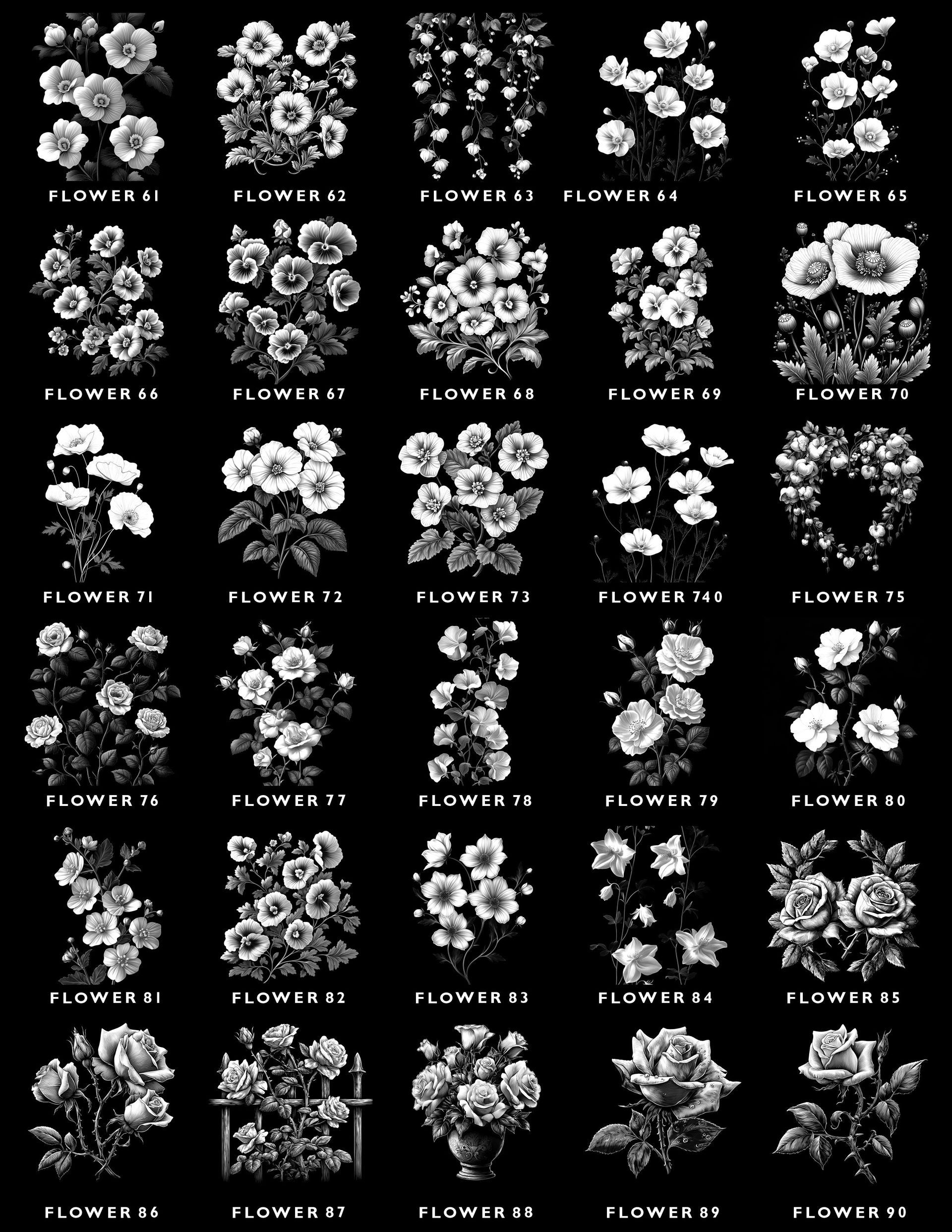 A black background containing a grid of 30 vintage-style white floral illustrations, each labeled with a number.
