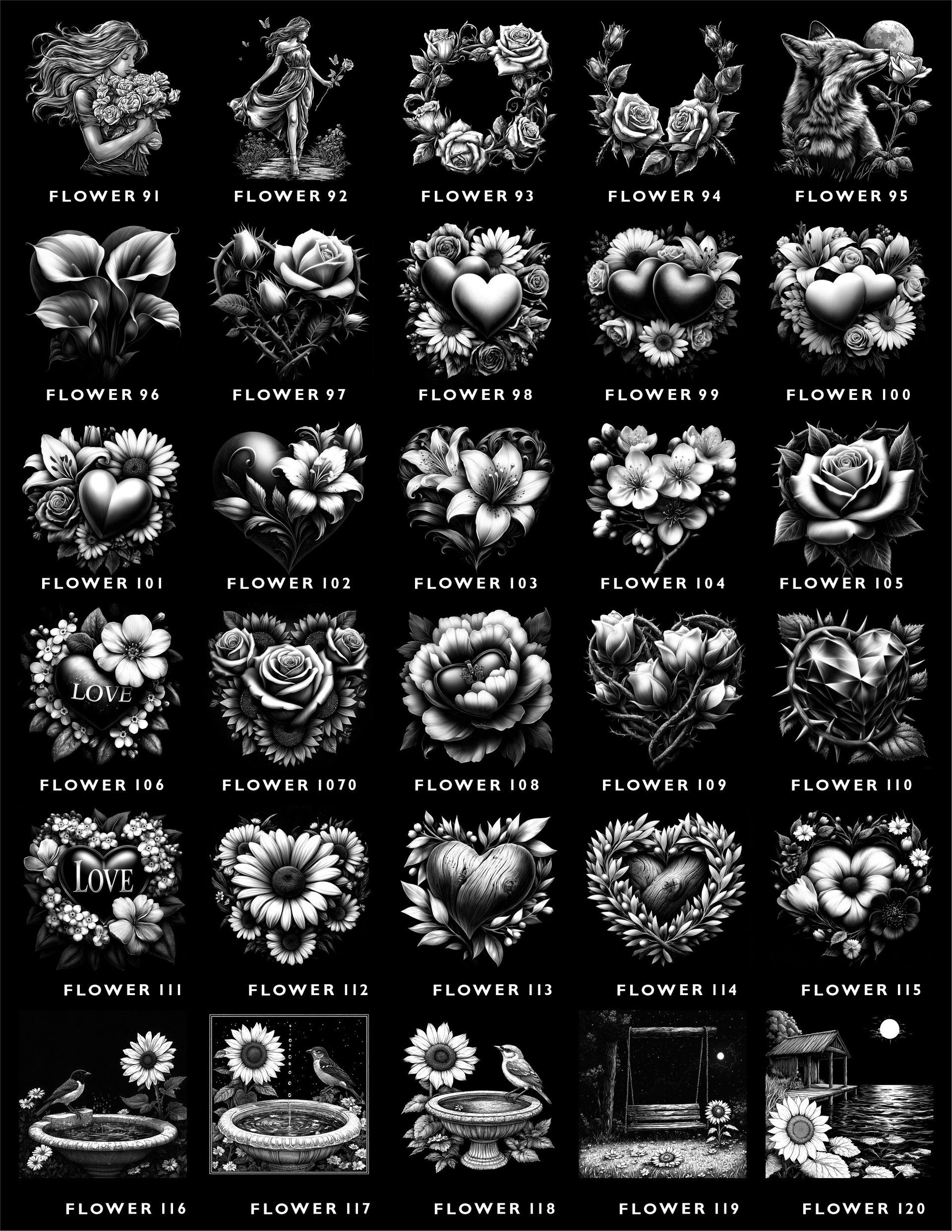 A grid of 30 monochrome floral and heart-themed illustrations with identification labels, arranged in five rows of six.