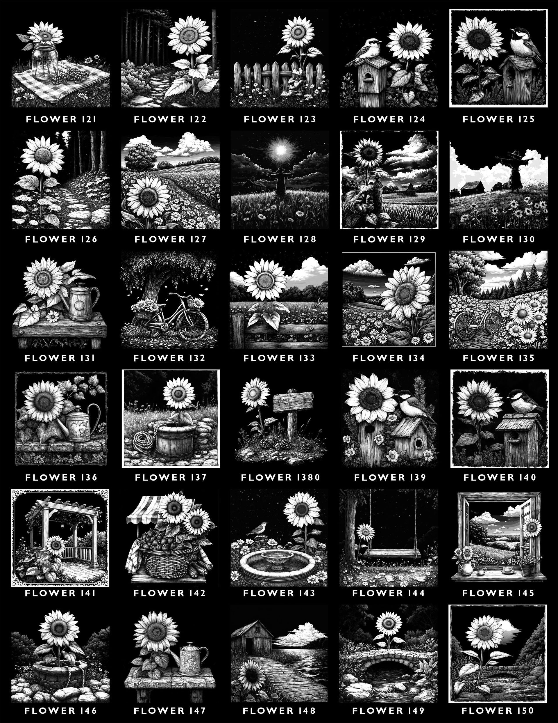 A grid of 30 black and white sketches depicting various sunflower scenes, numbered sequentially from FLOWER 121 to 150.