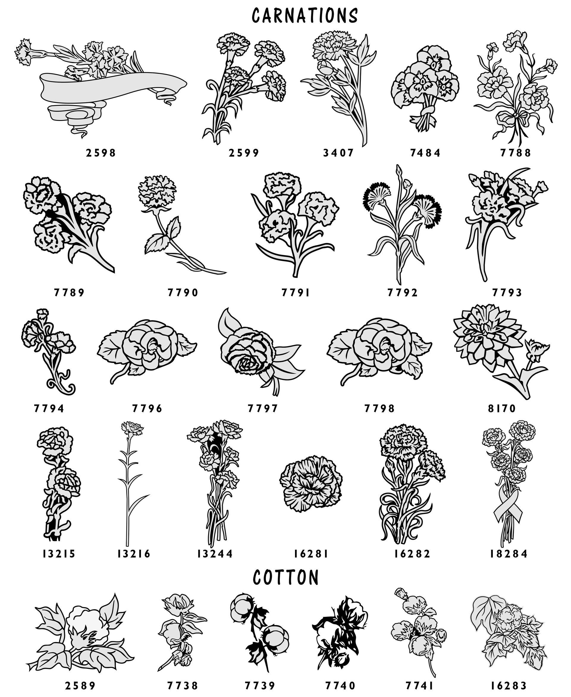 A reference sheet of ornate, black-and-white floral and ornamental decorative motifs labeled by category and number.