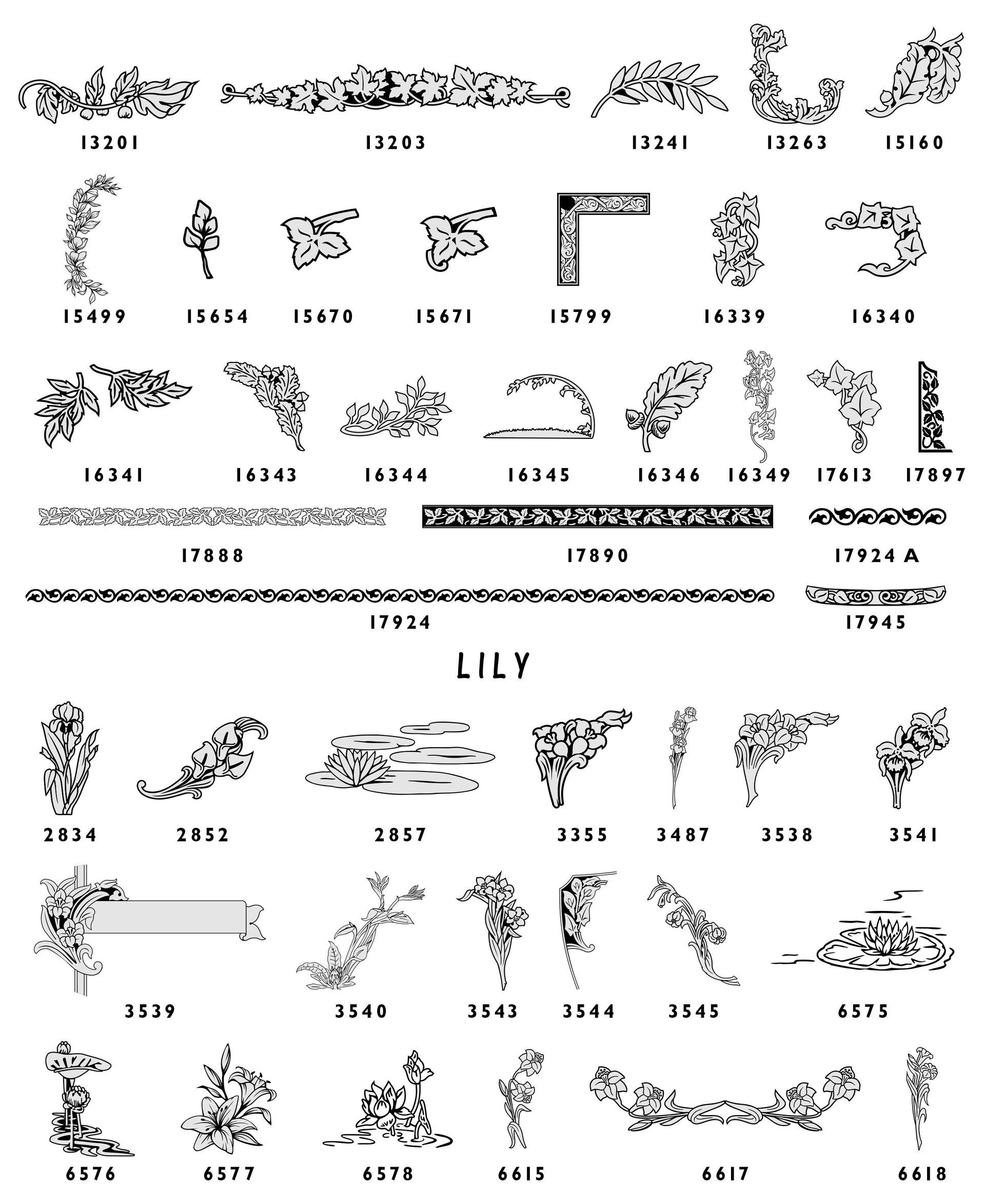 A catalog grid showing black-and-white ornamental floral patterns labeled with product codes.