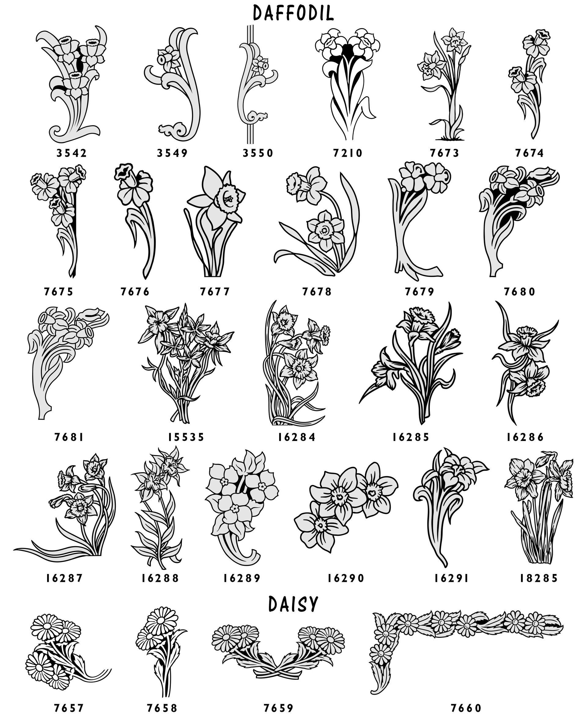 A grid of black-and-white botanical line drawings featuring various floral designs and decorative corner ornaments.
