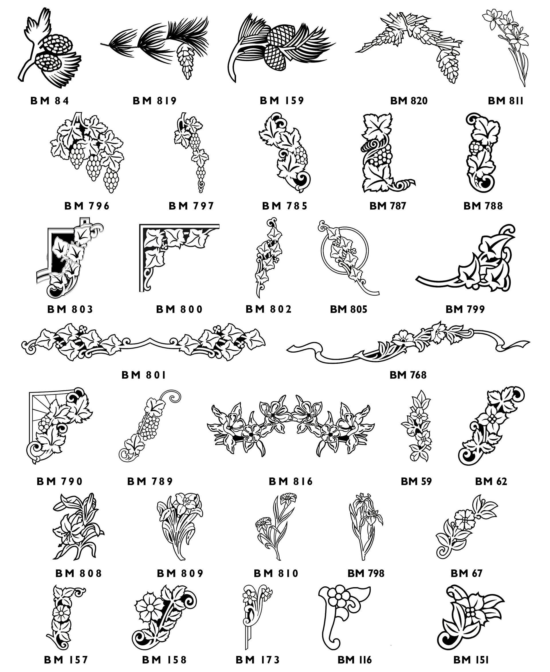 A catalog page showing twenty-five black-and-white line art floral and decorative scroll designs for memorial engravings.