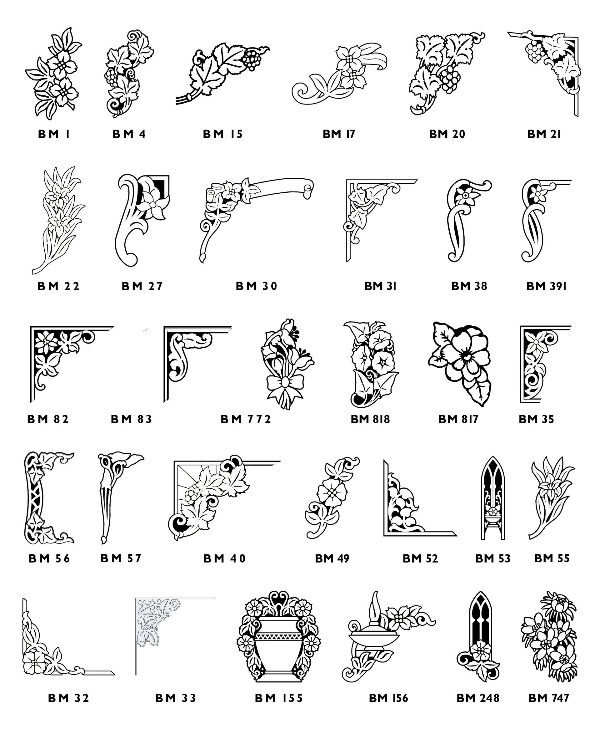 A collection of twenty-one black and white floral and vine ornamental designs, each labeled with a reference code.