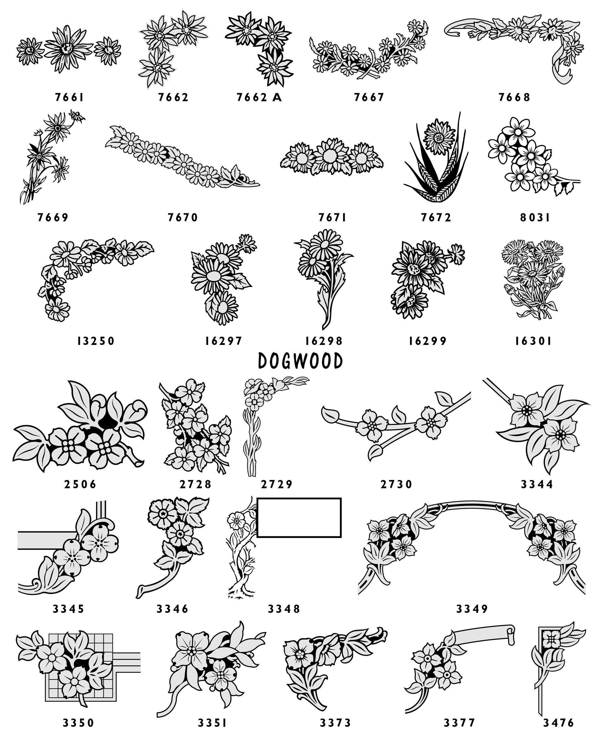 A collection of decorative scrollwork and floral page border designs arranged in a grid with corresponding ID numbers.