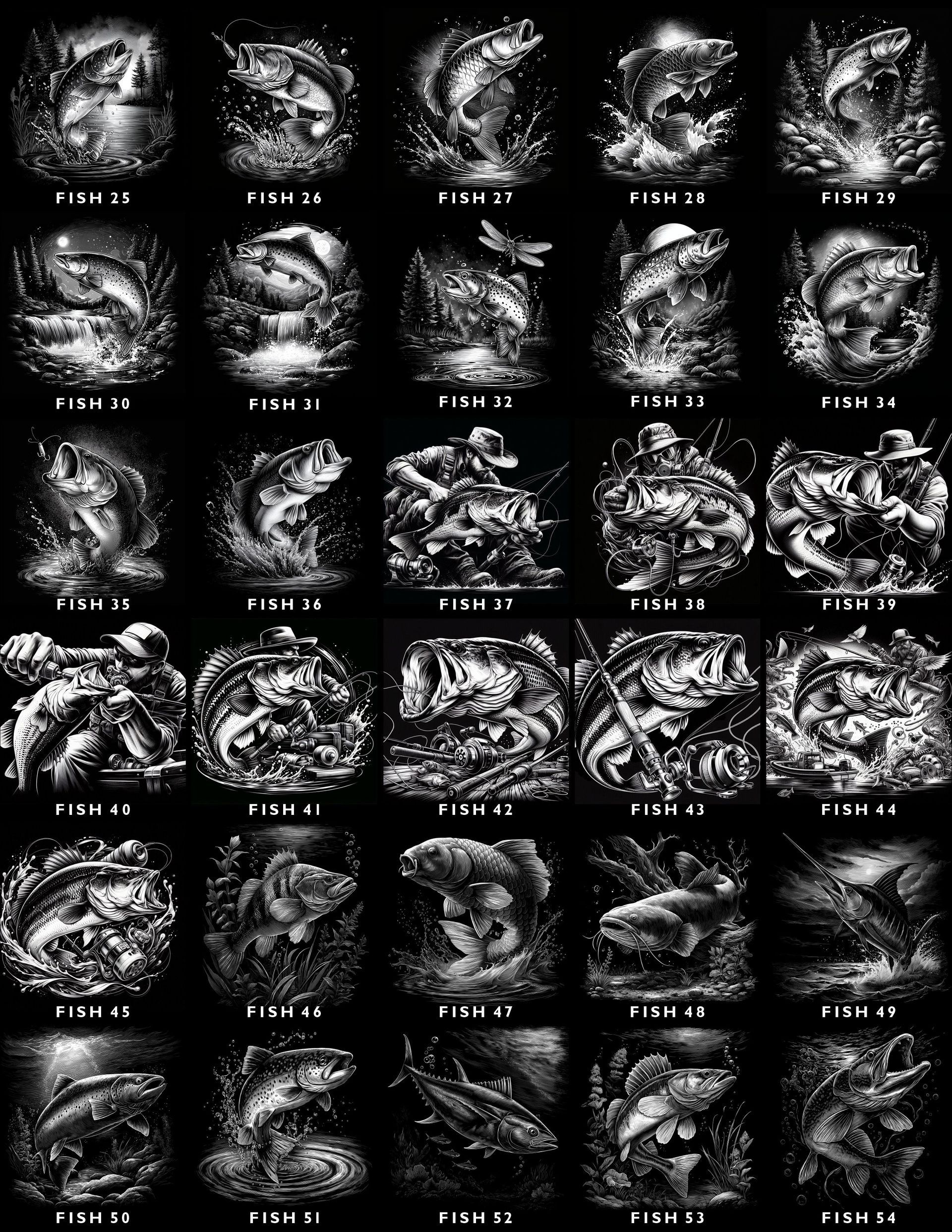 A grid of 30 black-and-white illustrations depicting various fish jumping from water, each labeled with a code.