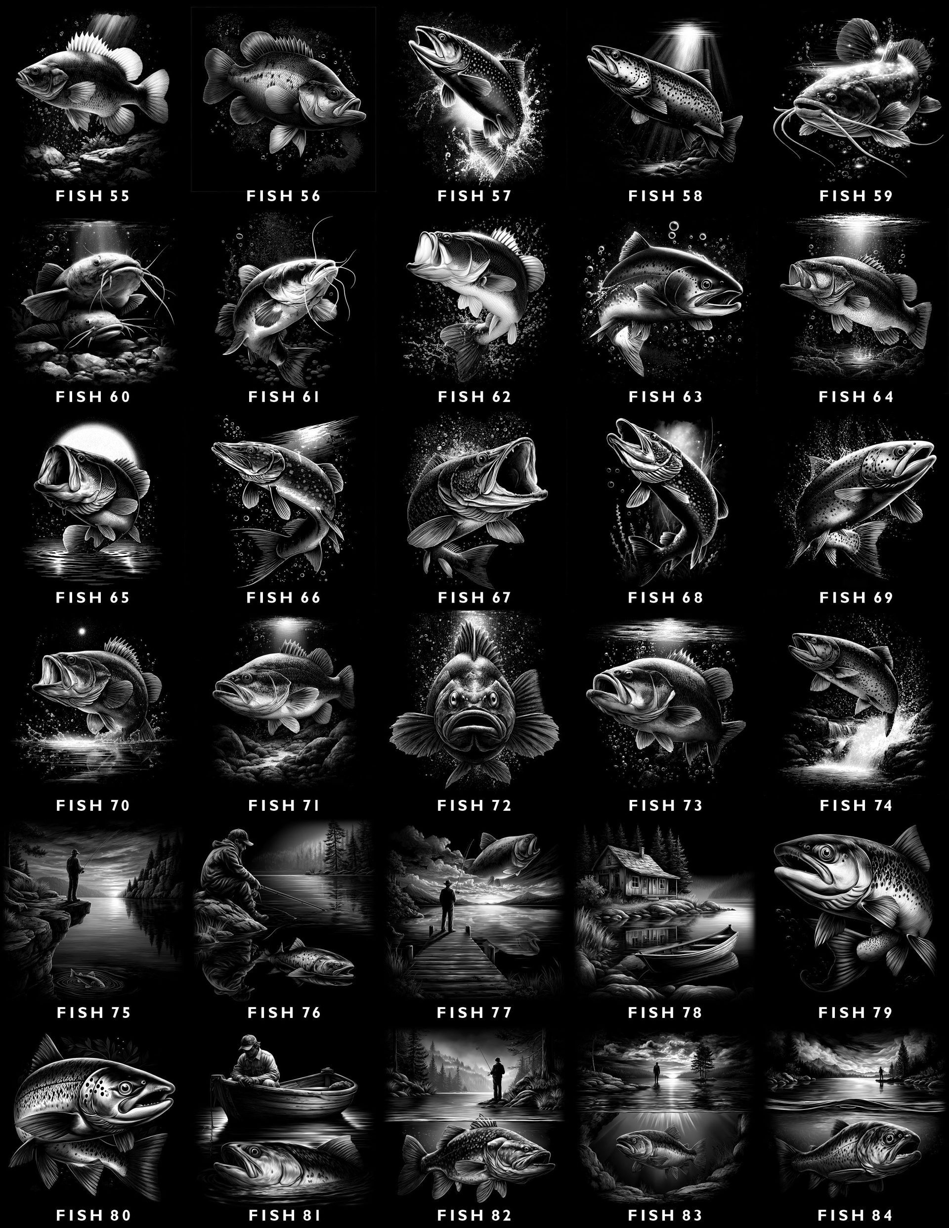 A grid of 30 black-and-white illustrations of various fish, fishing scenes, and anglers, each labeled with a code.