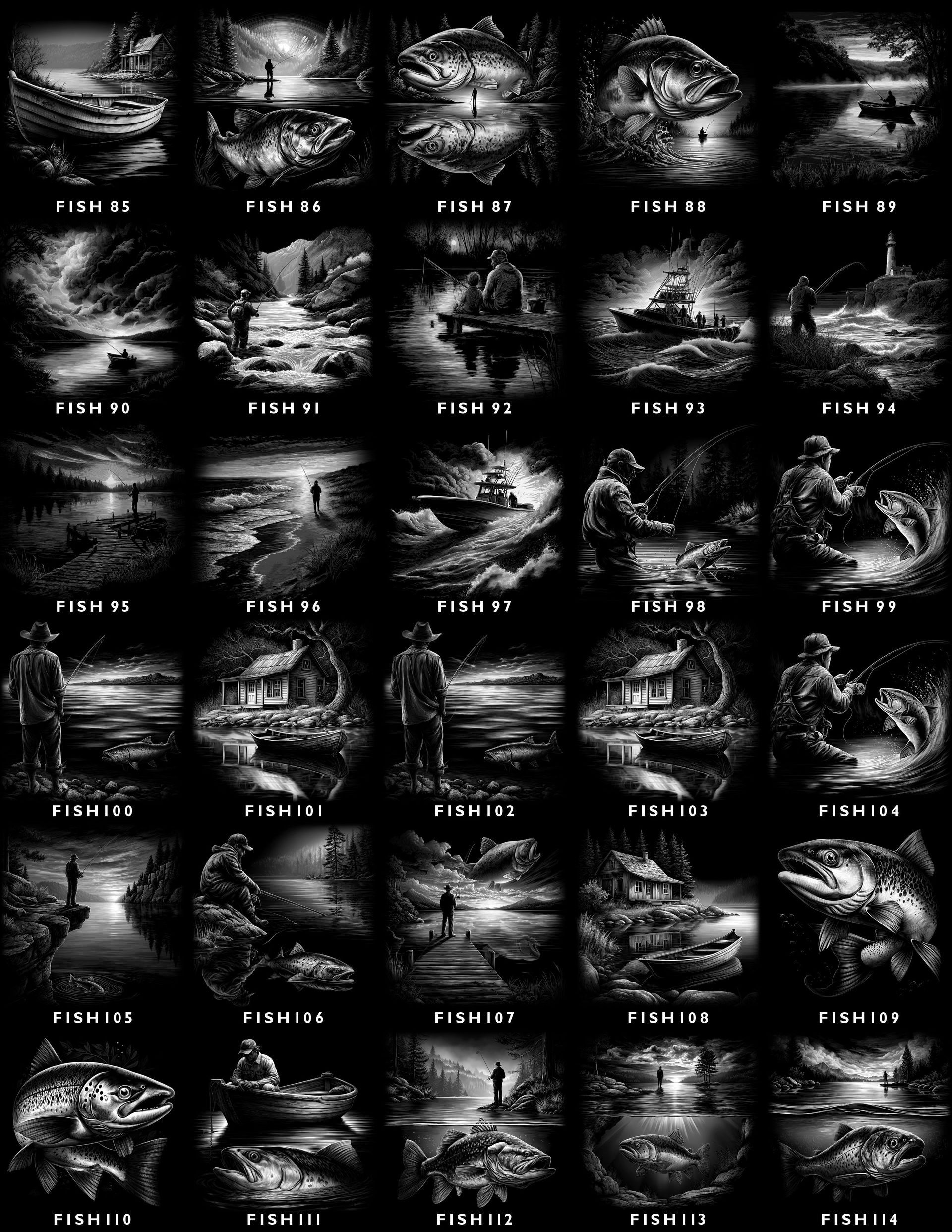 A grid of thirty black-and-white illustrations depicting various fishing scenes, anglers, and fish in natural settings.