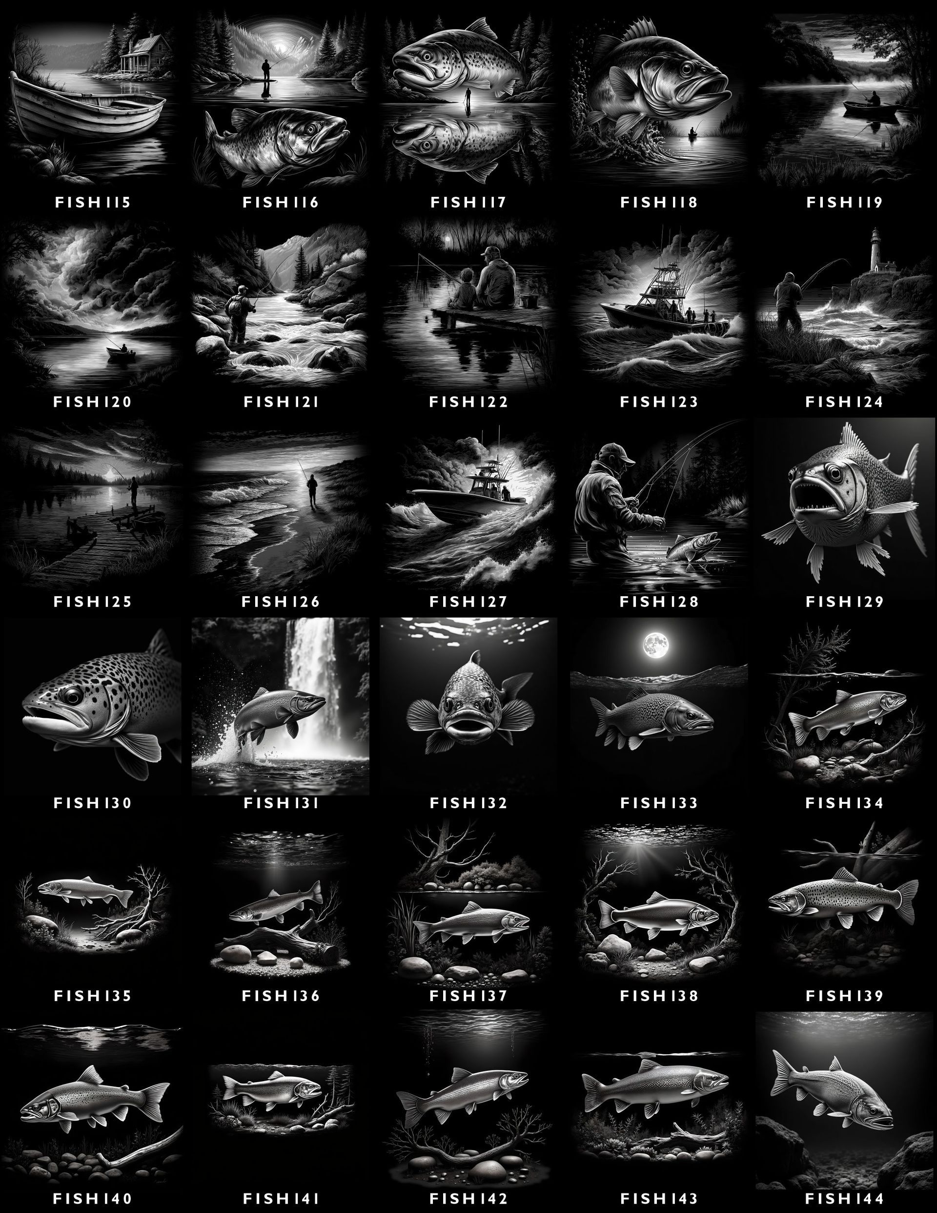 A grid of 30 black-and-white illustrations featuring trout, fishing scenes, and natural landscapes, each labeled with a code.