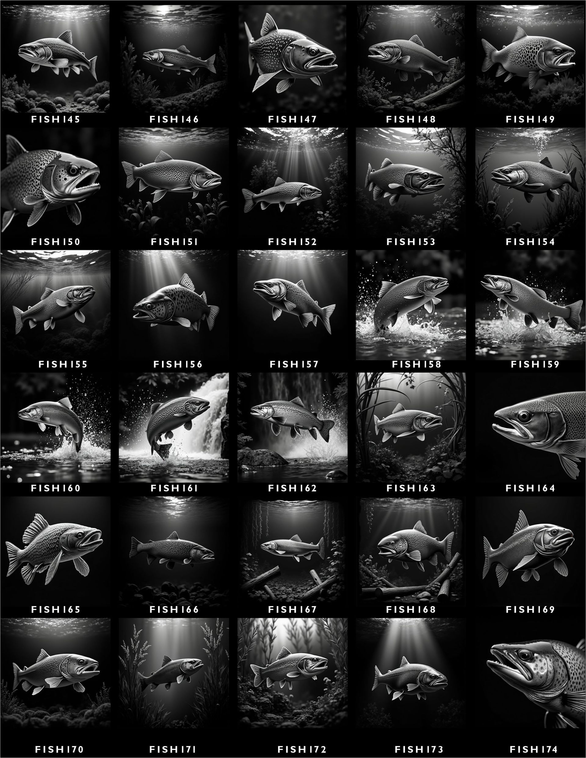 A grid of 30 monochrome images showcasing various fish species in underwater or river settings, labeled with text.
