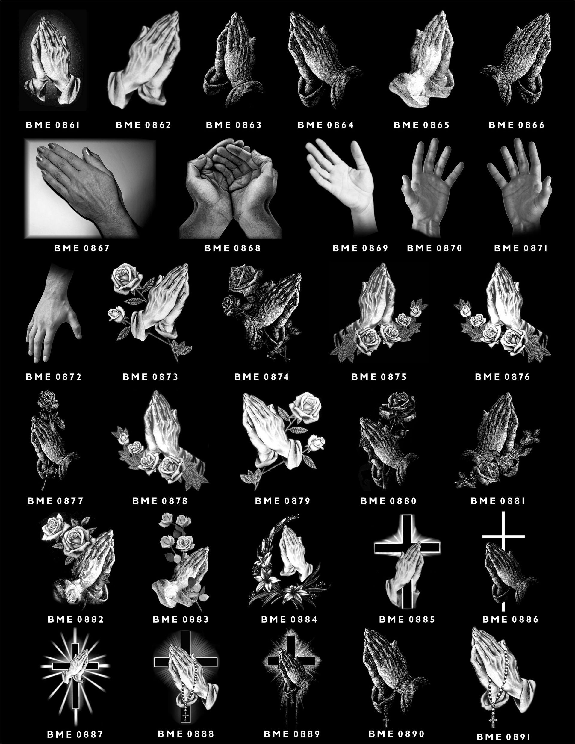 A grid of black-and-white icon designs depicting various styles of hands in prayer, some adorned with crosses or roses.