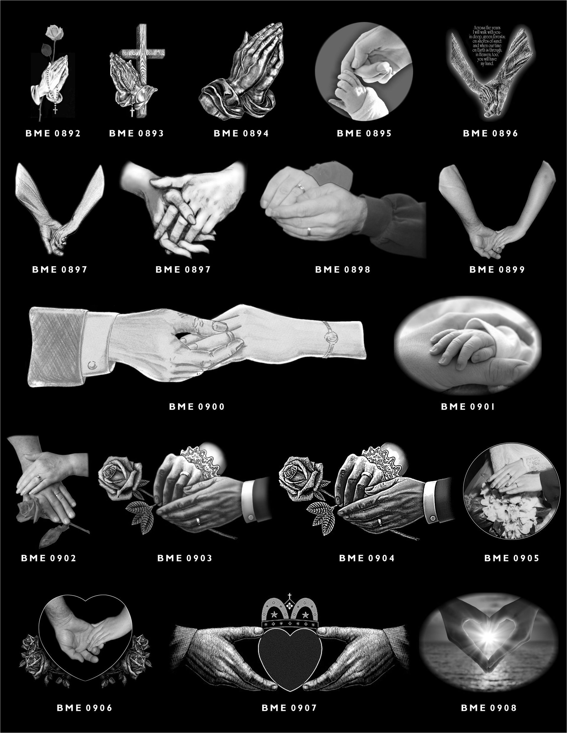 A grid of black-and-white icons featuring various hand gestures, including praying hands, clasped hands, and wedding rings.