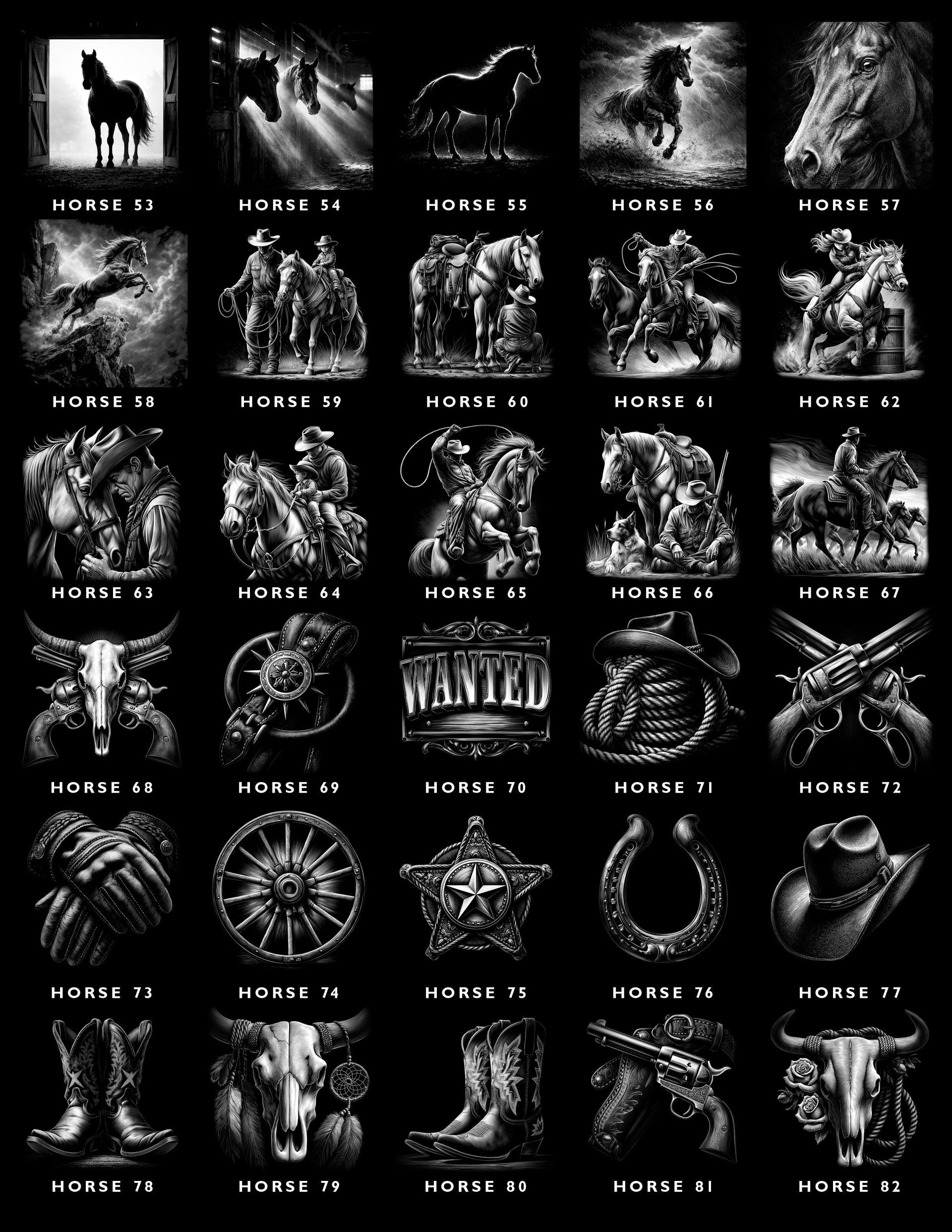 A grid of thirty black-and-white western-themed icons, including horses, skulls, hats, boots, and a wanted sign.