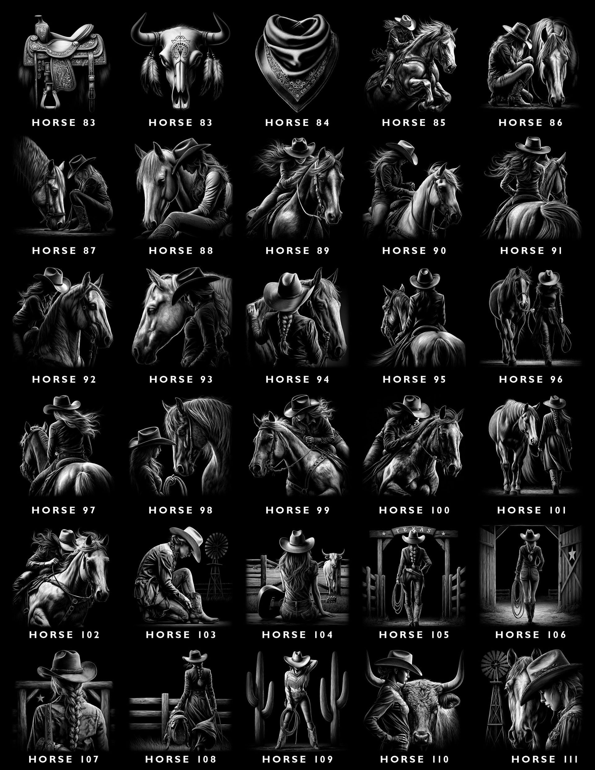 A black and white grid of 30 distinct cowboy and western-themed illustrations, each labeled with a reference number.