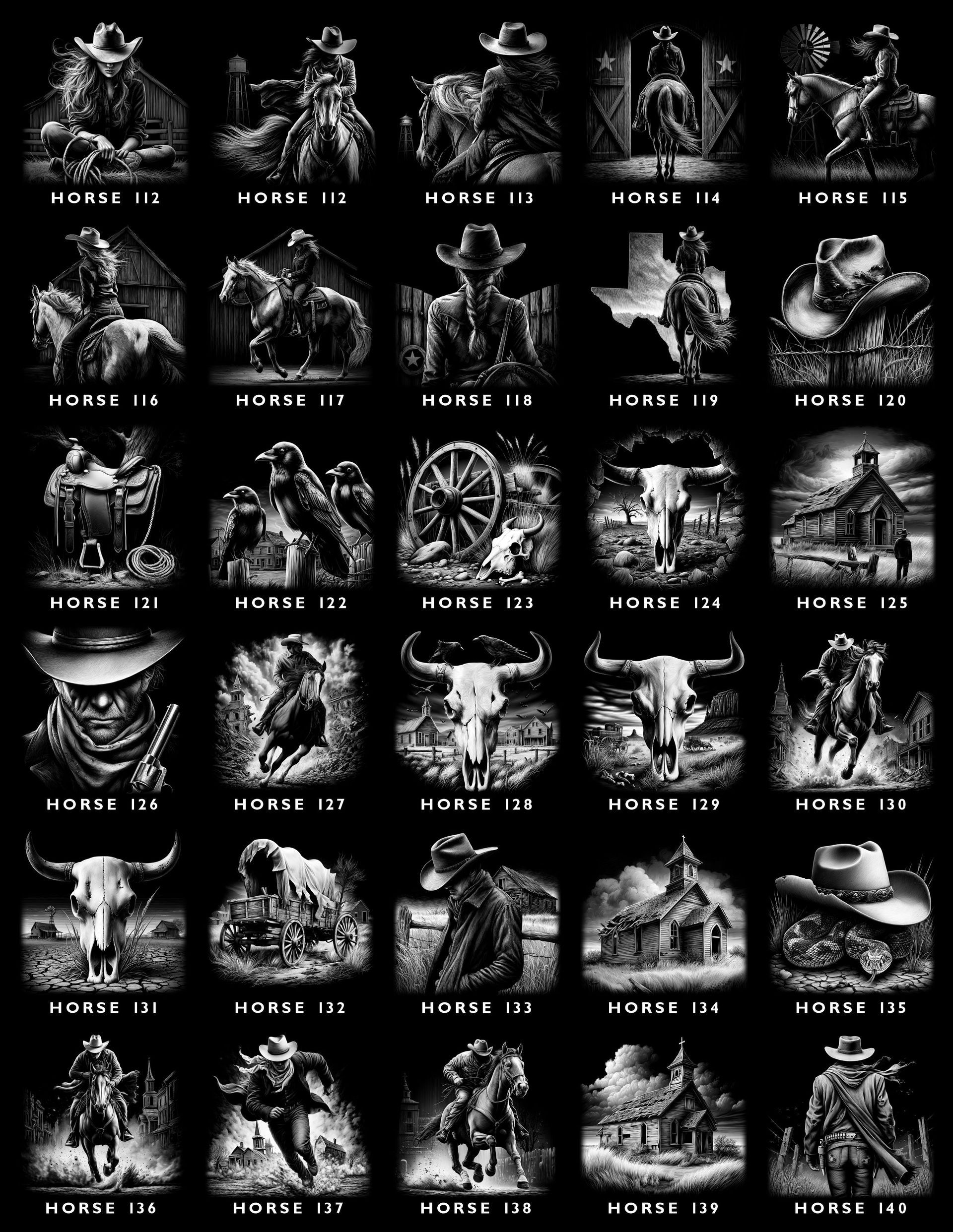 A grid of 30 black-and-white icons featuring western themes like cowboys, horses, skulls, and rustic buildings.