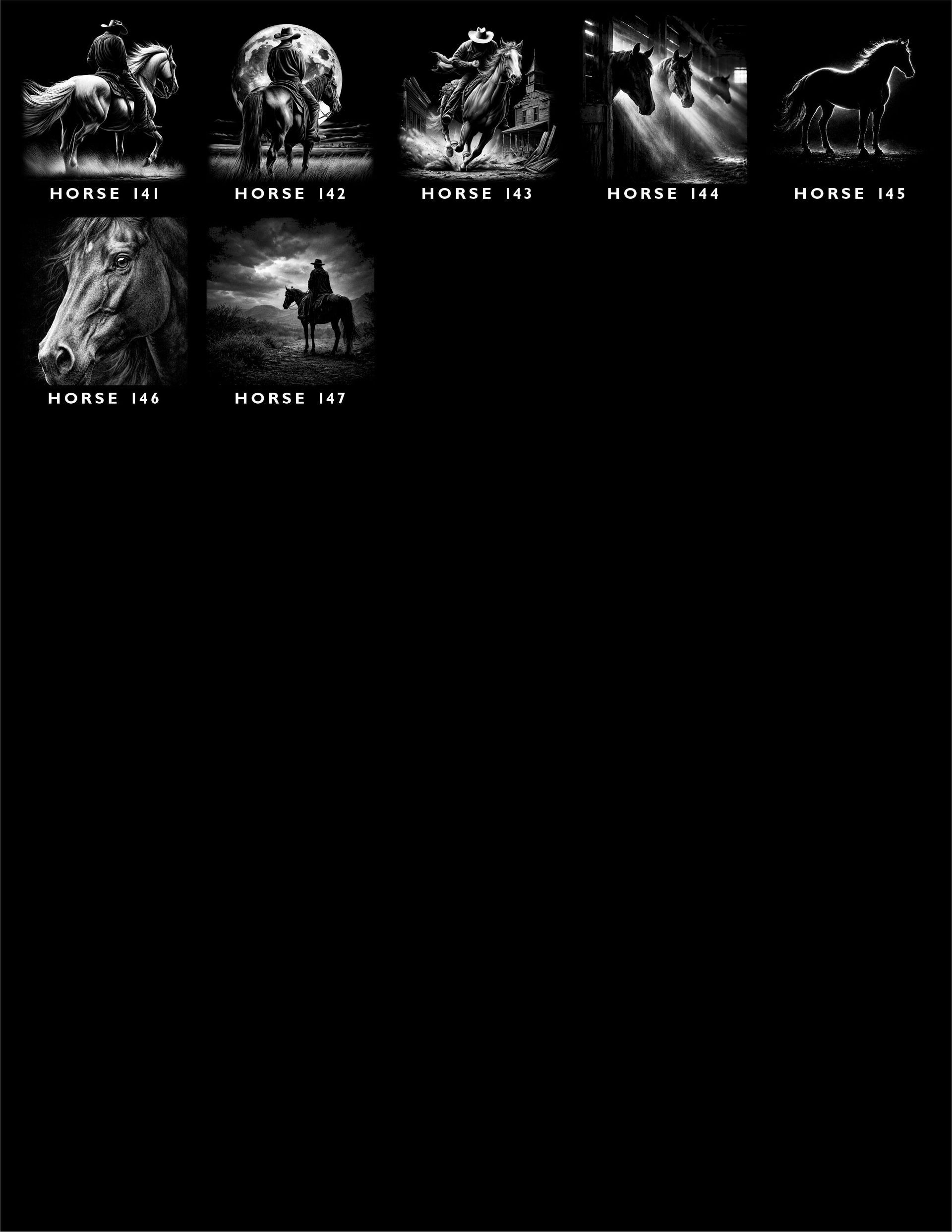 A grid of seven black-and-white images depicting various scenes of horses, most featuring riders, labeled numerically.