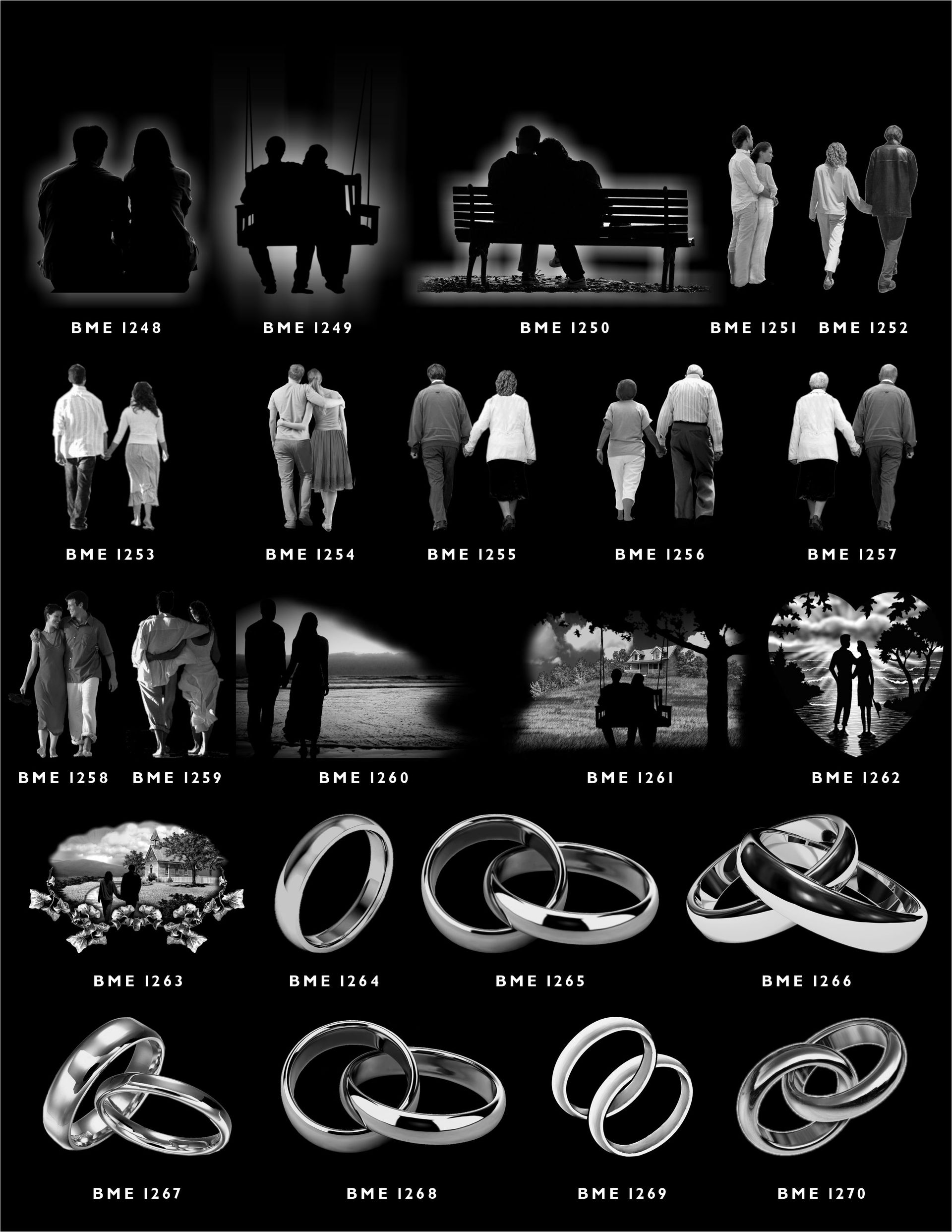 A grid of black-and-white silhouettes showing various couples walking, sitting, and embracing, followed by wedding rings.