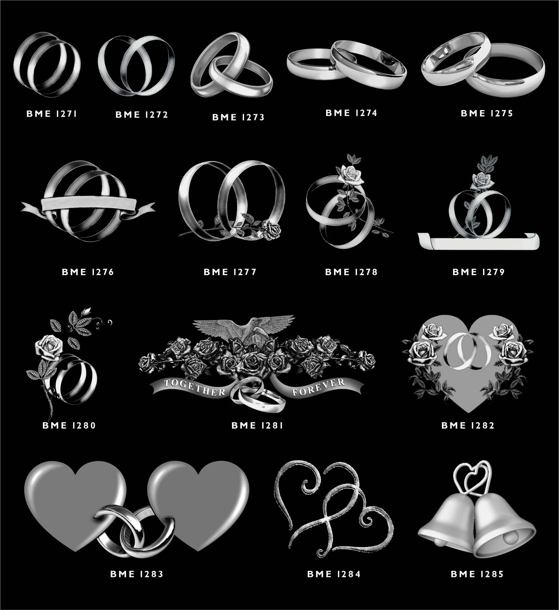 A collection of 14 monochromatic icons depicting wedding rings, hearts, flowers, and bells, each labeled with a code.