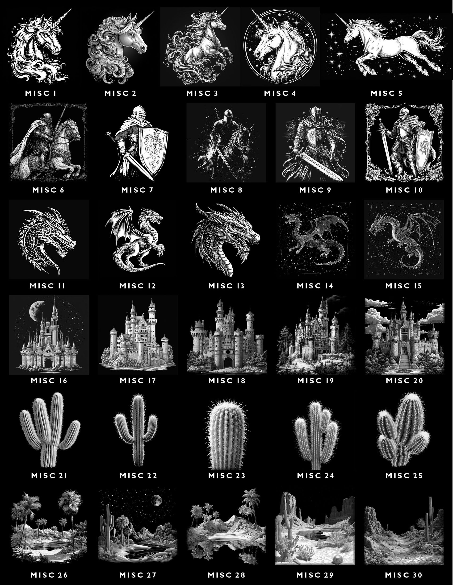 A grid of 30 black and white icon designs featuring unicorns, knights, dragons, castles, cactuses, and desert landscapes.